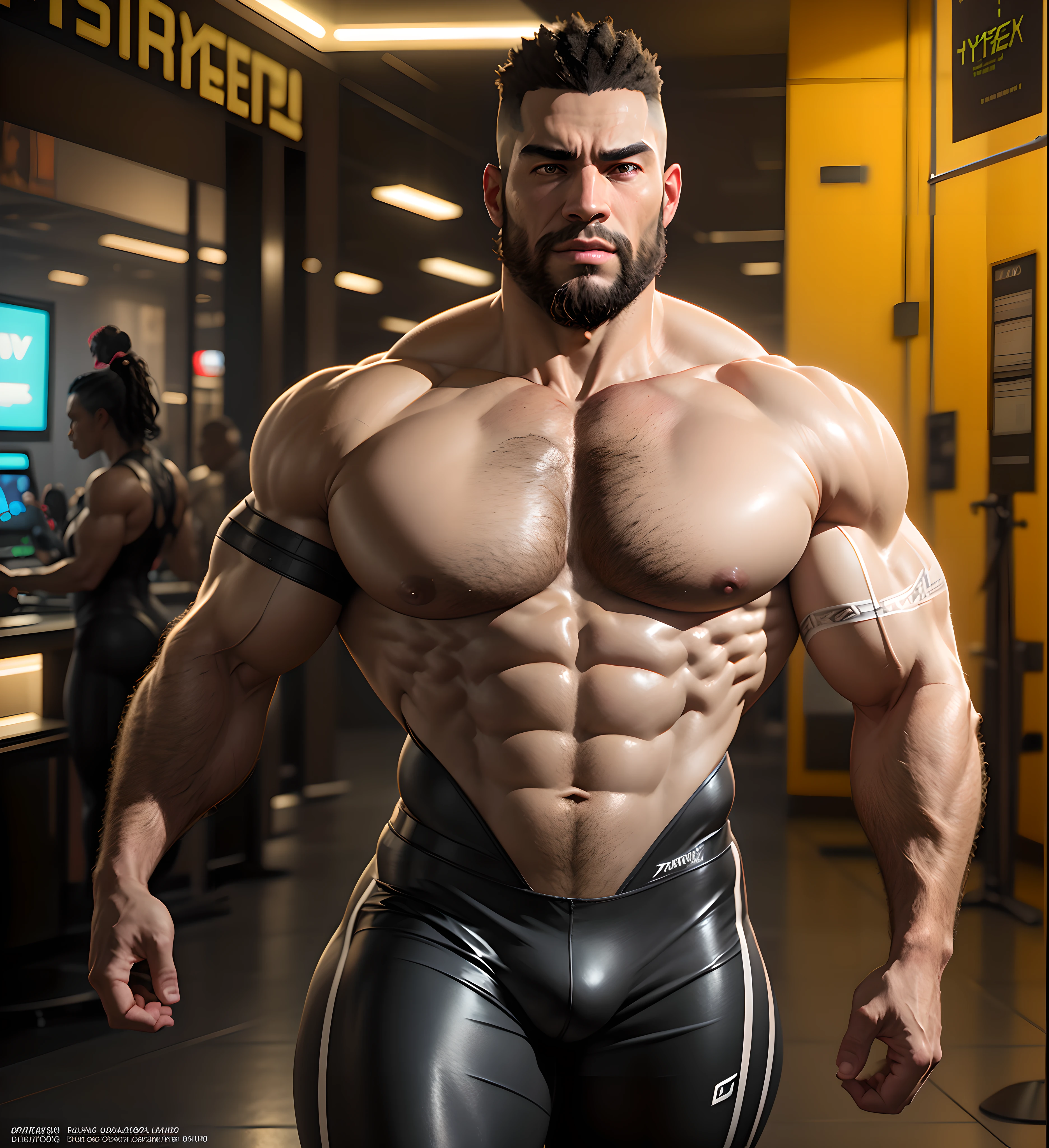 A muscular (African American) alpha beefy massive pumped old muscle daddy with big arms, pectorals and thick thighs, huge beard, grey hair, wearing a tight bodysuit mixed with cyberpunk armor gear, ((wrinkled skin:0.9)), realistic, 8k, 3d render, unreal engine, NVIDIA, RTX 4090, by Greg Rutkowski, hyperrealistic, dynamic pose