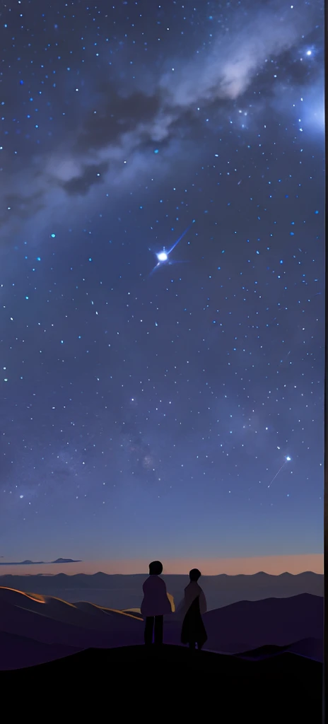 Starry sky with silhouette of two people standing on a mountain, Night sky; 8K, on a clear magnificent night sky, Starry Sky 8 K, sky strewn with stars, on a clear night sky, starfield in background, stars in the sky above, stars in sky, many stars in the night sky, Stars in the sky, the sky is a starry sky