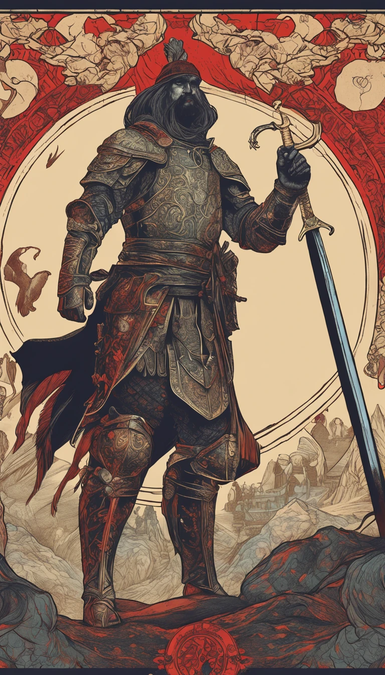 in a panoramic view，magic realism， anime big breast，Masterpiece, hyper HD, Super detail, High details, Best quality, A high resolution, A high resolution, Award-Awarded, Award-Awarded, Anatomically correct, 8K，），（Portrait of a noble knight：1.5，Dignified），（A man on horseback：1.5，Sword in hand, poster art inspired by Kanō Hōgai, trending on pixabay, Renaissance, Solomon Kane, As Solomon Kane, the third horseman, samurai movie poster, Wuxia, horse warrior, Tim BradStreet, vampire hunter d, Horseman of Apocalypse, genghis khan, arabian samurai）