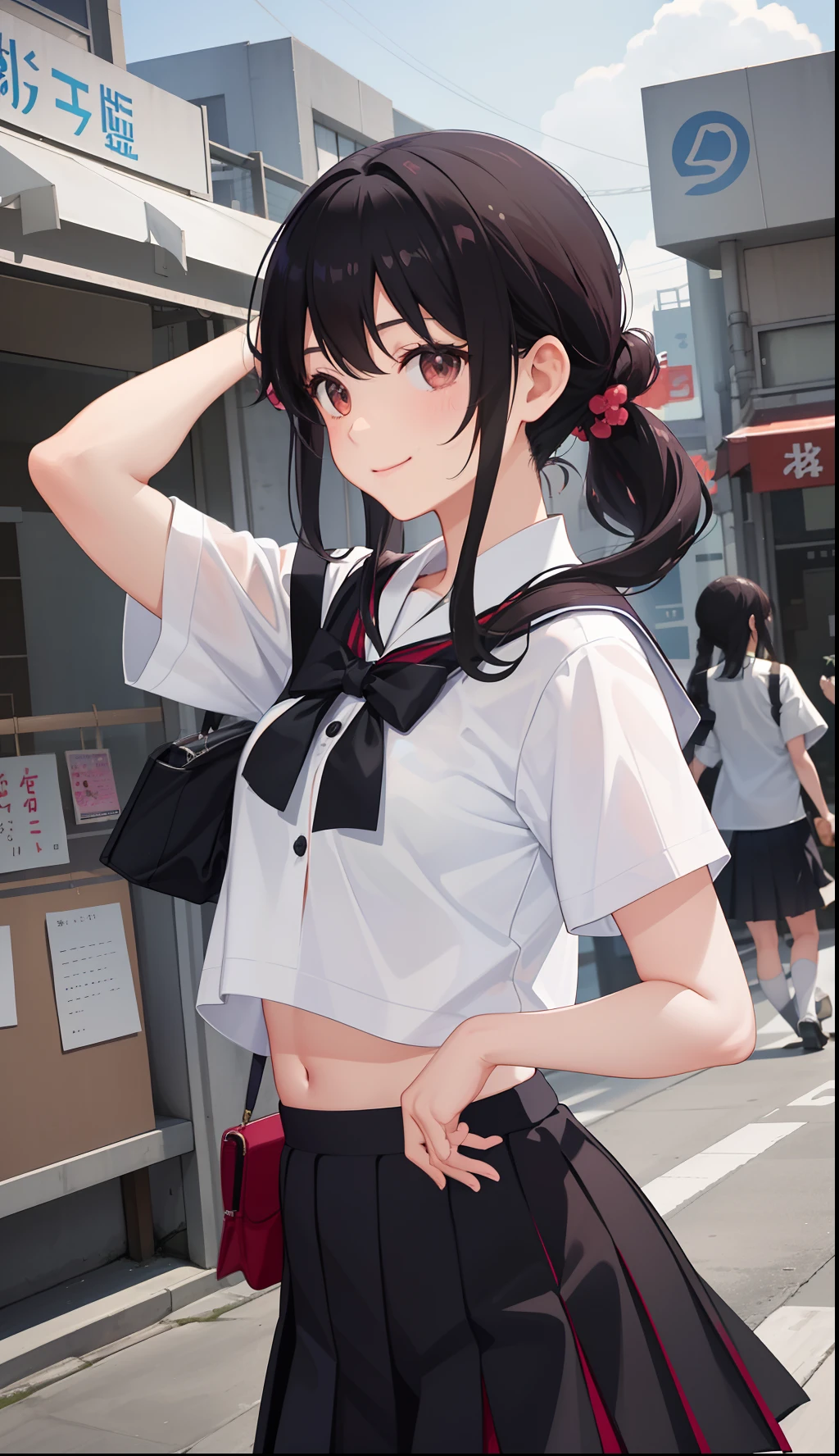 1girl in、A smile、The shirt、skirt by the、(small tits)Chilarism、Japan High School Student Uniform、serafuku、summer clothing、(Sheer Bra)、Upper body portrait、Dynamism!!Running with the wind、