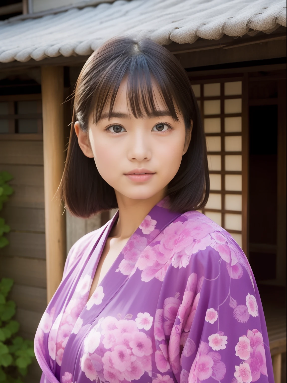 Beautuful Women、age19 、head shot、80mm、Yukata、Japanese houses