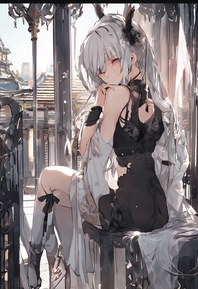 masterpiece、Top image quality、high detailing、Detailed beautiful face and eyes、abajour、window、(nighttime scene:1.5)、nighttime scene、(In black stockings:1.3)、(Pants over pantyhose:1.3)、(red eyes:1.4)、(Kneeling:1.4)、Delicate interior design、Longhaire、1girl in、(Boob emphasis:1.3)、(White hair)、length hair、red blush:1、(a beauty girl)、cute little、((maikurobikini))、((garterbelts))、((corsets))、((Eye lashes))、huge-breasted、(cleavage of the breast)、A smile、Long Globe、an lingerie、corsets、耳环、Character Center、Kamimei、((I can see panties)))、Big buttocks、Tsuriformes、Small pants、 (Curvaceous:1.2)、(frombelow:1.1)、(Black pleated skirt:1.4)、White blouses、、thick leg、a belt、Blunt bangs、(Open legs:1.6)、Blunt bangs、pretty pose、(Strong wind from below:0.7)、Angle from the side