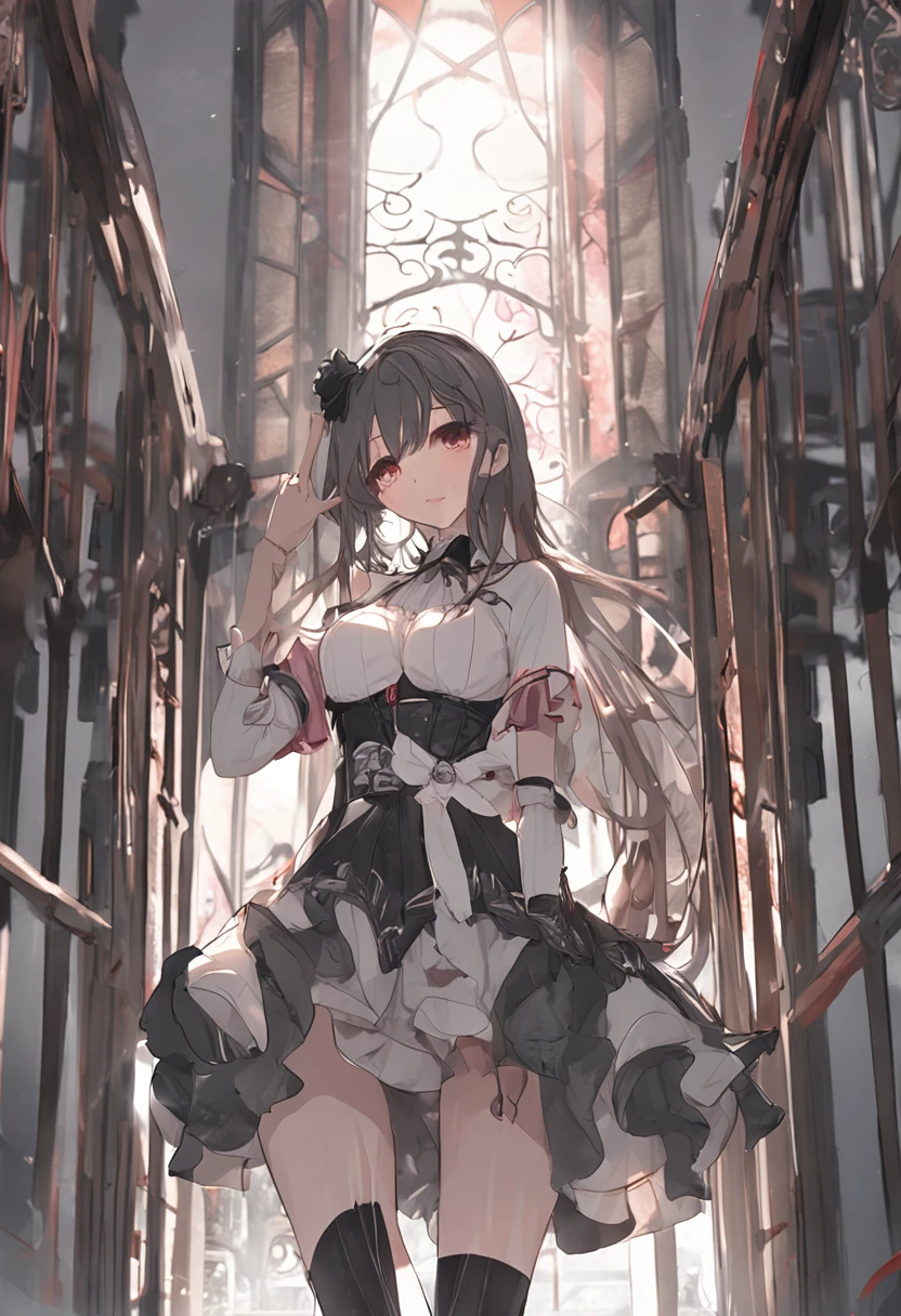 ​masterpiece、Top image quality、high detailing、Detailed beautiful face and eyes、abajour、window、(nighttime scene:1.5)、nighttime scene、(In black stockings:1.3)、(Pants over pantyhose:1.3)、(red eyes:1.4)、(Kneeling:1.4)、Delicate interior design、Longhaire、1girl in、(Boob emphasis:1.3)、(White hair)、length hair、red blush:1、(a beauty girl)、cute little、((maikurobikini))、((garterbelts))、((corsets))、((Eye lashes))、huge-breasted、(cleavage of the breast)、A smile、Long Globe、an lingerie、corsets、耳环、Character Center、Kamimei、((I can see panties)))、Big buttocks、Tsuriformes、Small pants、 (Curvaceous:1.2)、(frombelow:1.1)、(Black pleated skirt:1.4)、White blouses、、thick leg、a belt、Blunt bangs、(Open legs:1.6)、Blunt bangs、pretty pose、(Strong wind from below:0.7)、Angle from the side