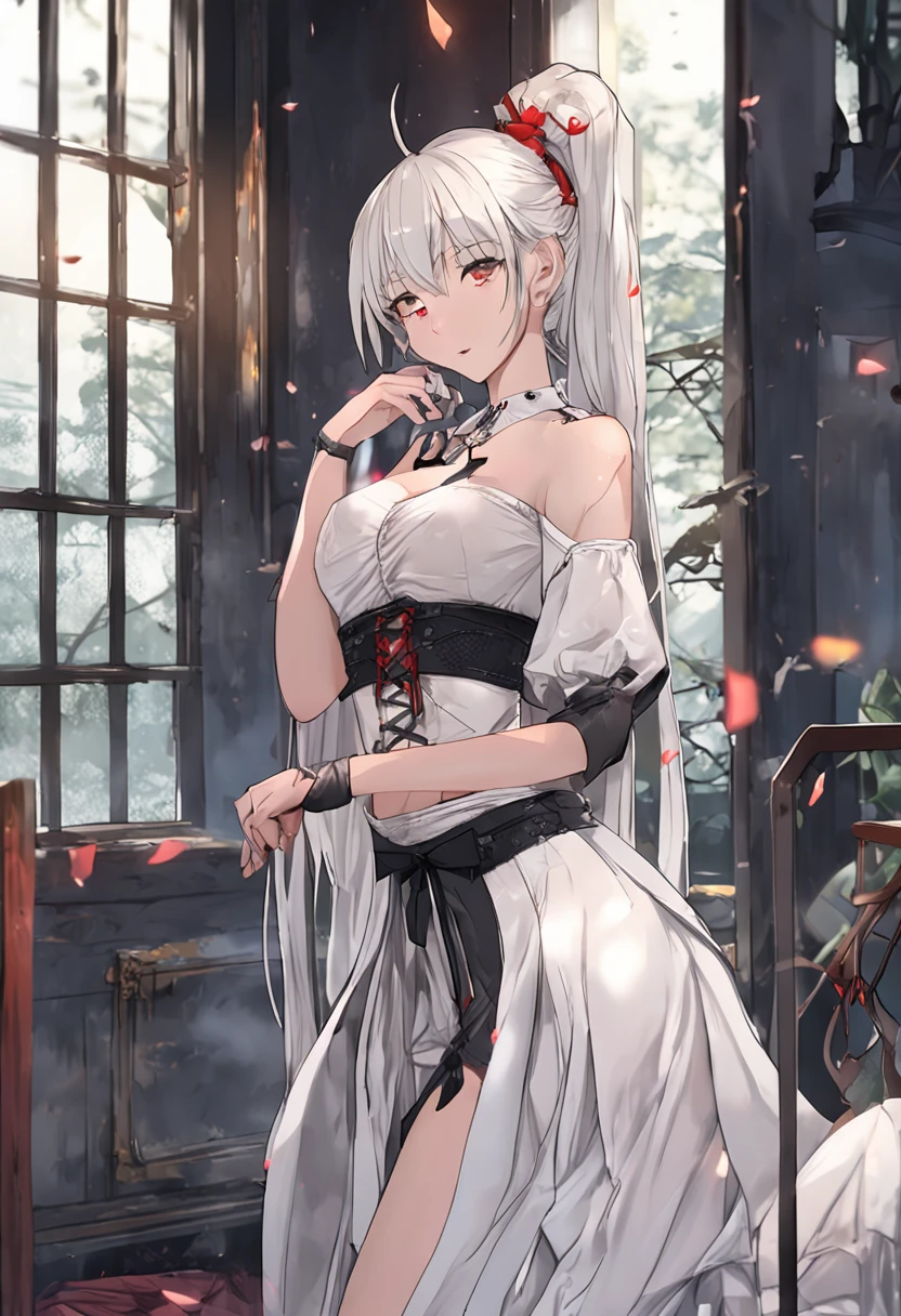 masterpiece、Top image quality、high detailing、Detailed beautiful face and eyes、abajour、window、(nighttime scene:1.5)、nighttime scene、(In black stockings:1.3)、(Pants over pantyhose:1.3)、(red eyes:1.4)、(Kneeling:1.4)、Delicate interior design、Longhaire、1girl in、(Boob emphasis:1.3)、(White hair)、length hair、red blush:1、(a beauty girl)、cute little、((maikurobikini))、((garterbelts))、((corsets))、((Eye lashes))、huge-breasted、(cleavage of the breast)、A smile、Long Globe、an lingerie、corsets、耳环、Character Center、Kamimei、((I can see panties)))、Big buttocks、Tsuriformes、Small pants、 (Curvaceous:1.2)、(frombelow:1.1)、(Black pleated skirt:1.4)、White blouses、、thick leg、a belt、Blunt bangs、(Open legs:1.6)、Blunt bangs、pretty pose、(Strong wind from below:0.7)、Angle from the side