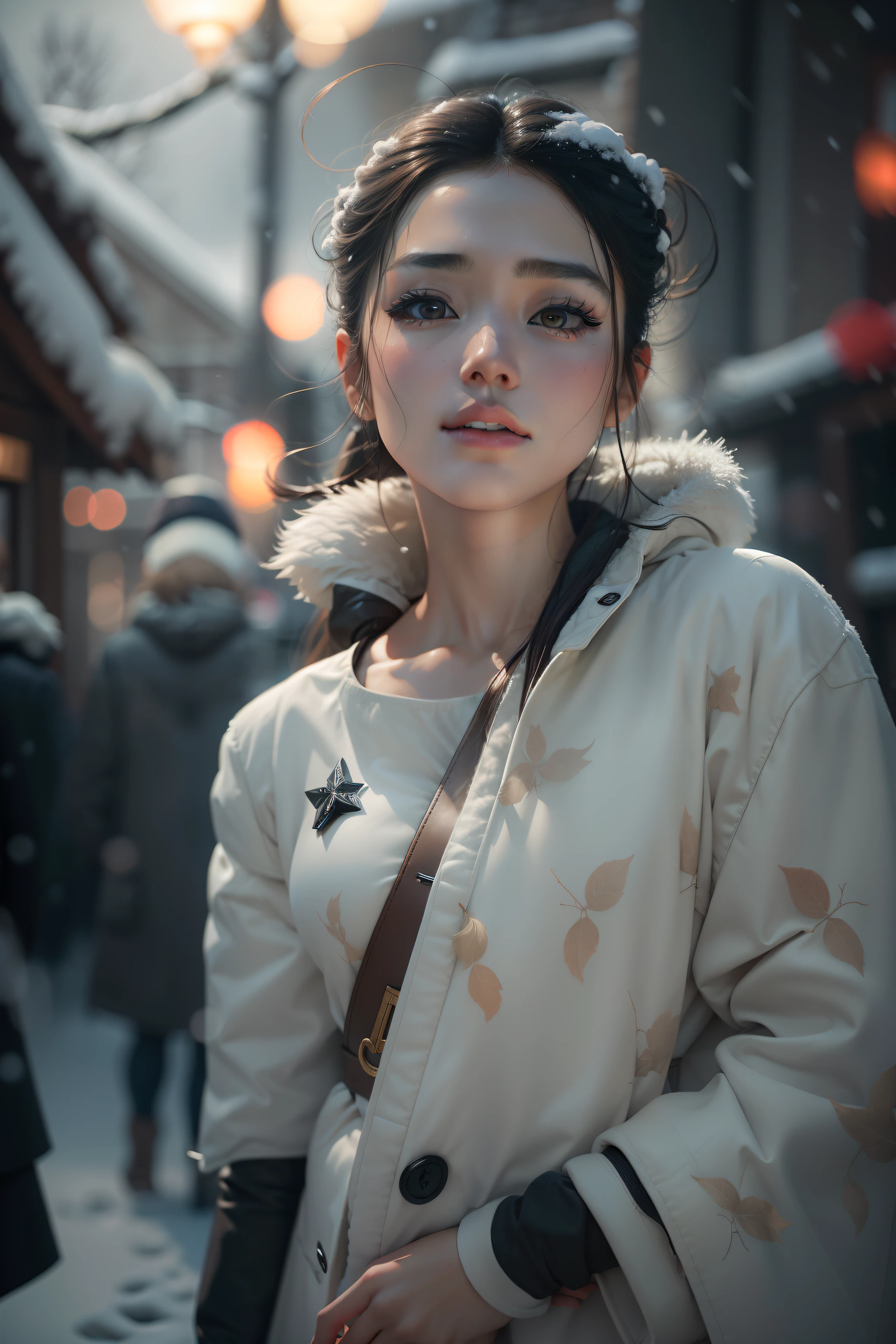 realistic photos of (1 cute Korean star) Shoulder-length hair, thin makeup, medium breasts size, wearing coat, in the snow, clear facial features, 8K high resolution, sharp and realistic details.from outside, Eye-Level Shot, f/4.0, 135mm, Fujifilm, jpeg artifacts, dithering, UHD, masterpiece