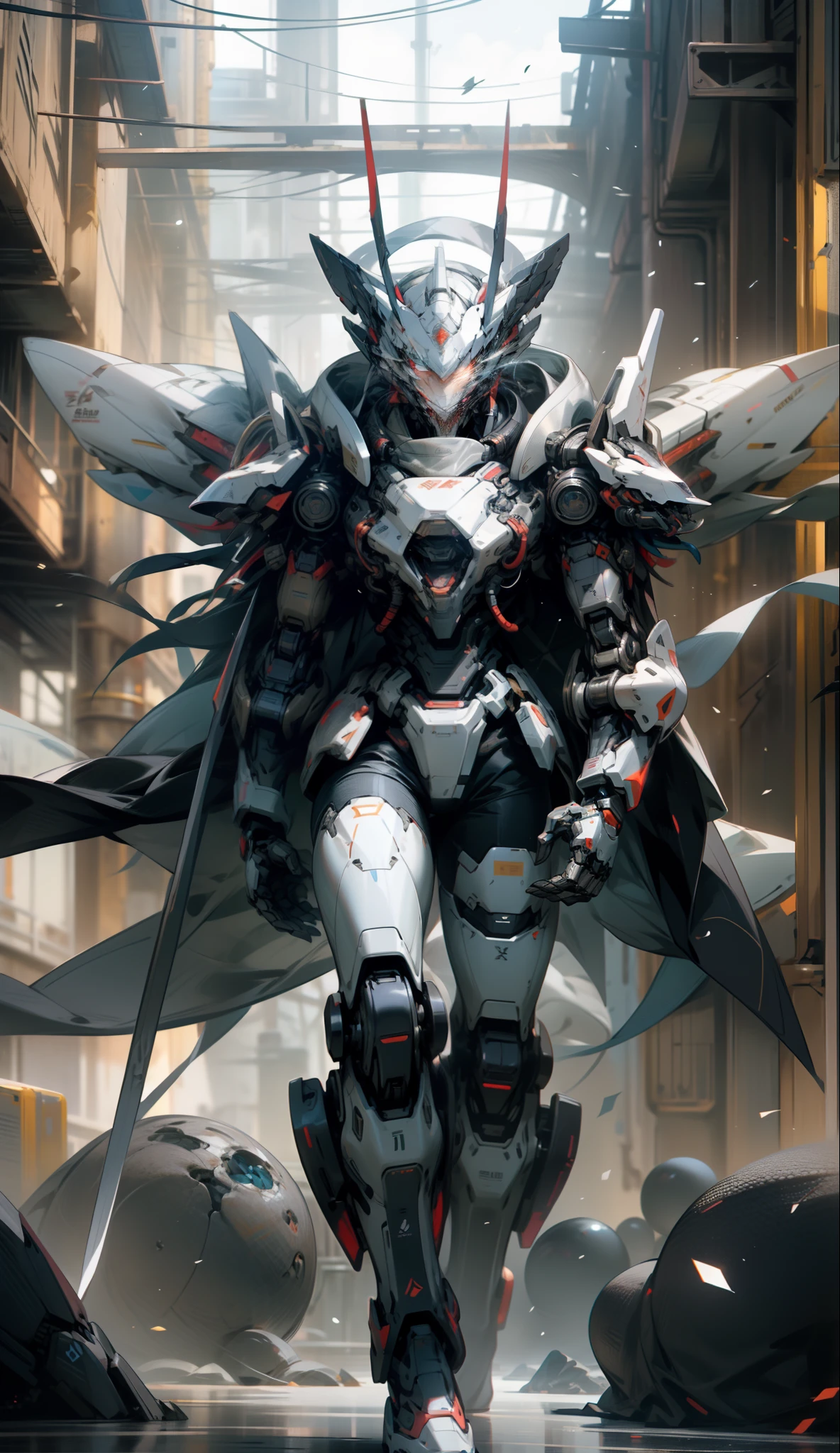 male people，Strong males，Huge shoulder armor，Tall mech，Silver-white body，The white，Use the plasma sword，There is a dragon particle effect，Yin and Yang gossip，Formation，mechanical sense，sense of strength，Sense of space，combats，cyber punk perssonage，Human body modification，Structurally sound，Battle instant，high-quality face，4K，High quality，Masterpieces