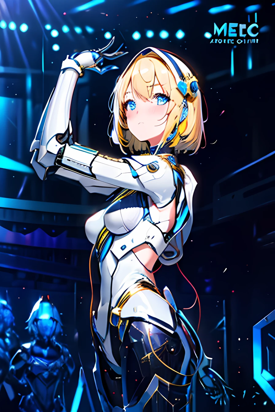 High Quality, Ultra High Resolution, Ultra Realistic, Super Detailed, Robot, mecha, metal bodysuit, Slim, beautiful, blue eyes, 1girl, yellow hair, short hair, Full Face, Full Body, faint blush, Metallic, Metallic, Luxury, Metallic, One, BREAK, concert stage, detailed background, depth of field, cinematic,