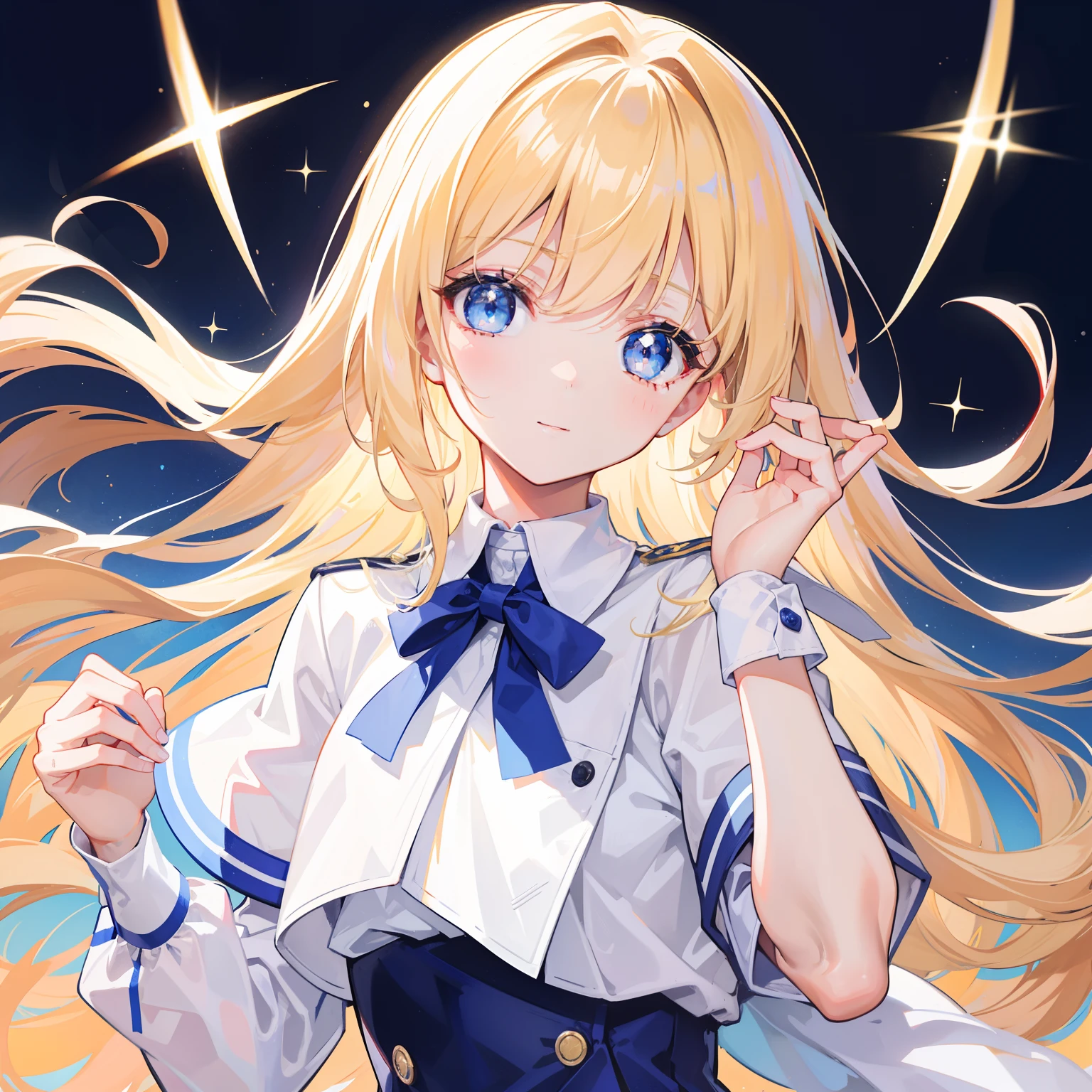 Glowing light brownish yellow with hair and pupils，Blue and white school uniforms，With a silver crystal pendant，Sweet loli girl，The whole is shining