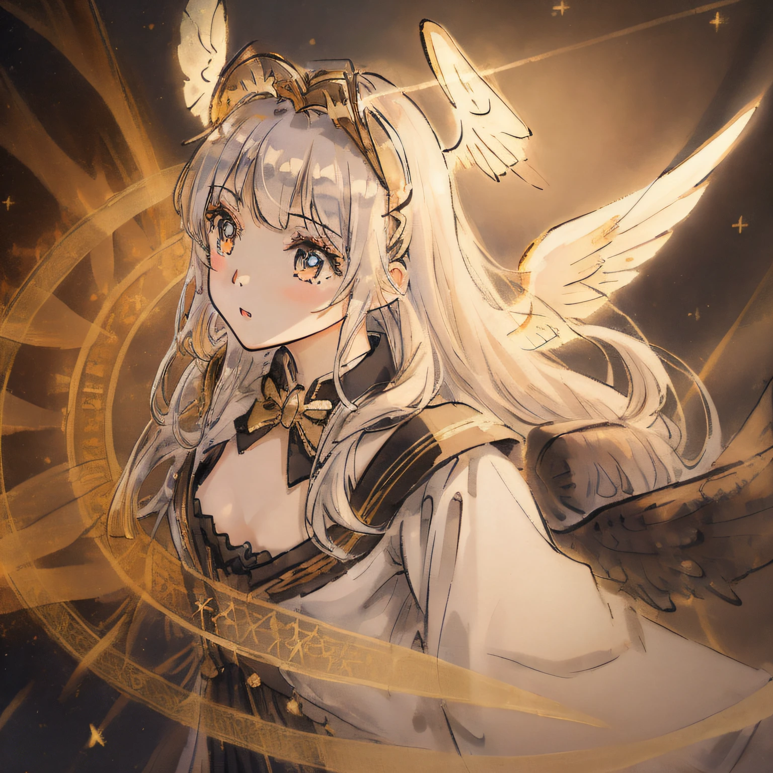 (((masterpiece))),(((crystals texture Hair))),(((((extremely detailed CG))))),((8k_wallpaper)), (1 girls:1.5),big top sleeves, floating,beautiful detailed eyes, overexposure, side blunt bangs, buttons, bare shoulders,(loli),light shafts, soft focus, character focus,wings,(((Transparent wings))),
[[((Wings made of golden lines,angel wing,gold halo around girl,many golden ribbon,Aureate headgear,gold magic circle in sky,ight, black sky):1.3):((galaxy background, snowflakes, night sky, black pupils, starts sky background, stars behind girl, view on sky,standing):0.8)],[(Elegant hair,Long hair,The flying golden lines,Messy golden lines,halo,hairs between eyes,Small breasts,ribbons, bowties,red eyes, golden pupil, white hair,flowing hair,disheveled hair,lowing long hair):(Delicate arms and hands):0.8]