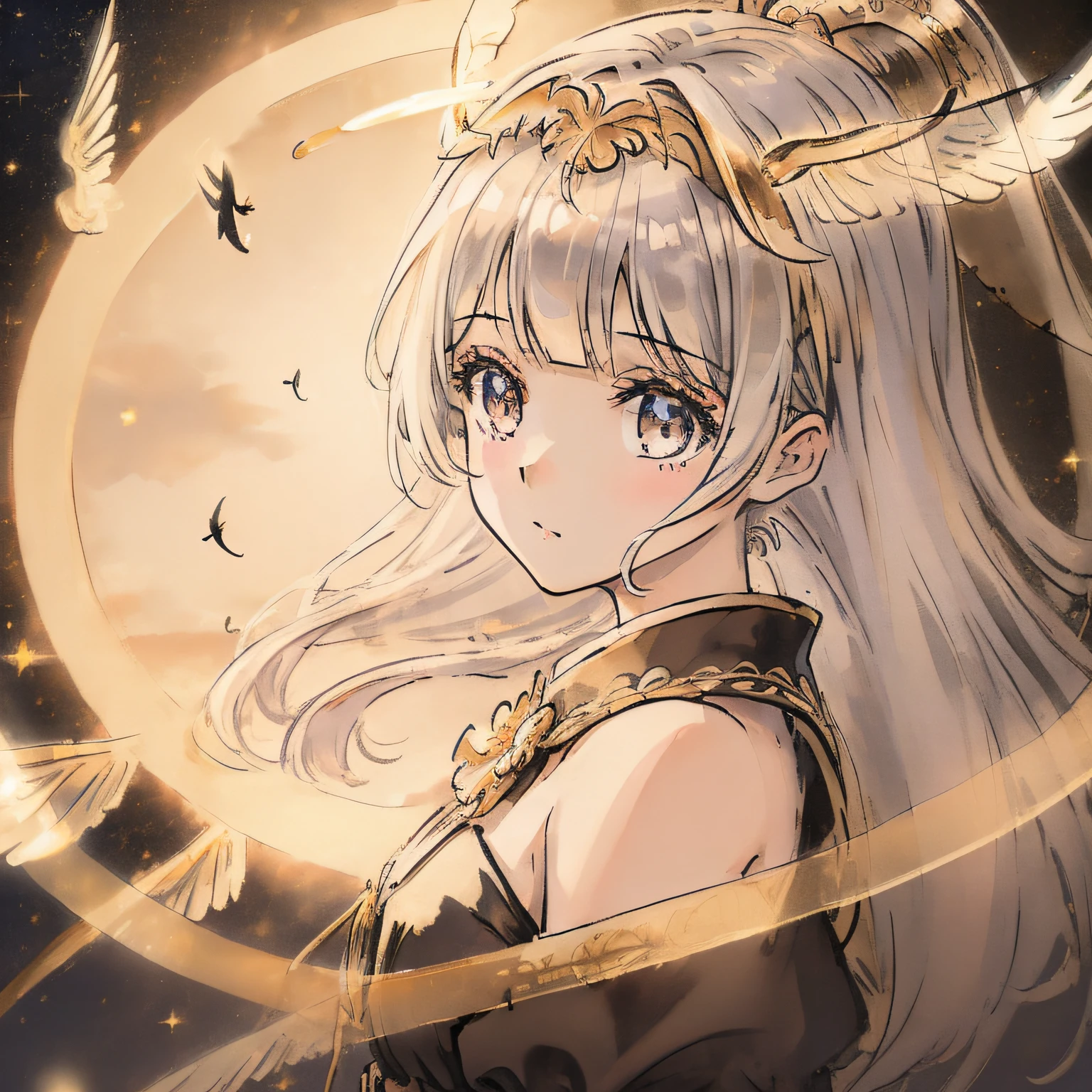 (((masterpiece))),(((crystals texture Hair))),(((((extremely detailed CG))))),((8k_wallpaper)), (1 girls:1.5),big top sleeves, floating,beautiful detailed eyes, overexposure, side blunt bangs, buttons, bare shoulders,(loli),light shafts, soft focus, character focus,wings,(((Transparent wings))),
[[((Wings made of golden lines,angel wing,gold halo around girl,many golden ribbon,Aureate headgear,gold magic circle in sky,ight, black sky):1.3):((galaxy background, snowflakes, night sky, black pupils, starts sky background, stars behind girl, view on sky,standing):0.8)],[(Elegant hair,Long hair,The flying golden lines,Messy golden lines,halo,hairs between eyes,Small breasts,ribbons, bowties,red eyes, golden pupil, white hair,flowing hair,disheveled hair,lowing long hair):(Delicate arms and hands):0.8]