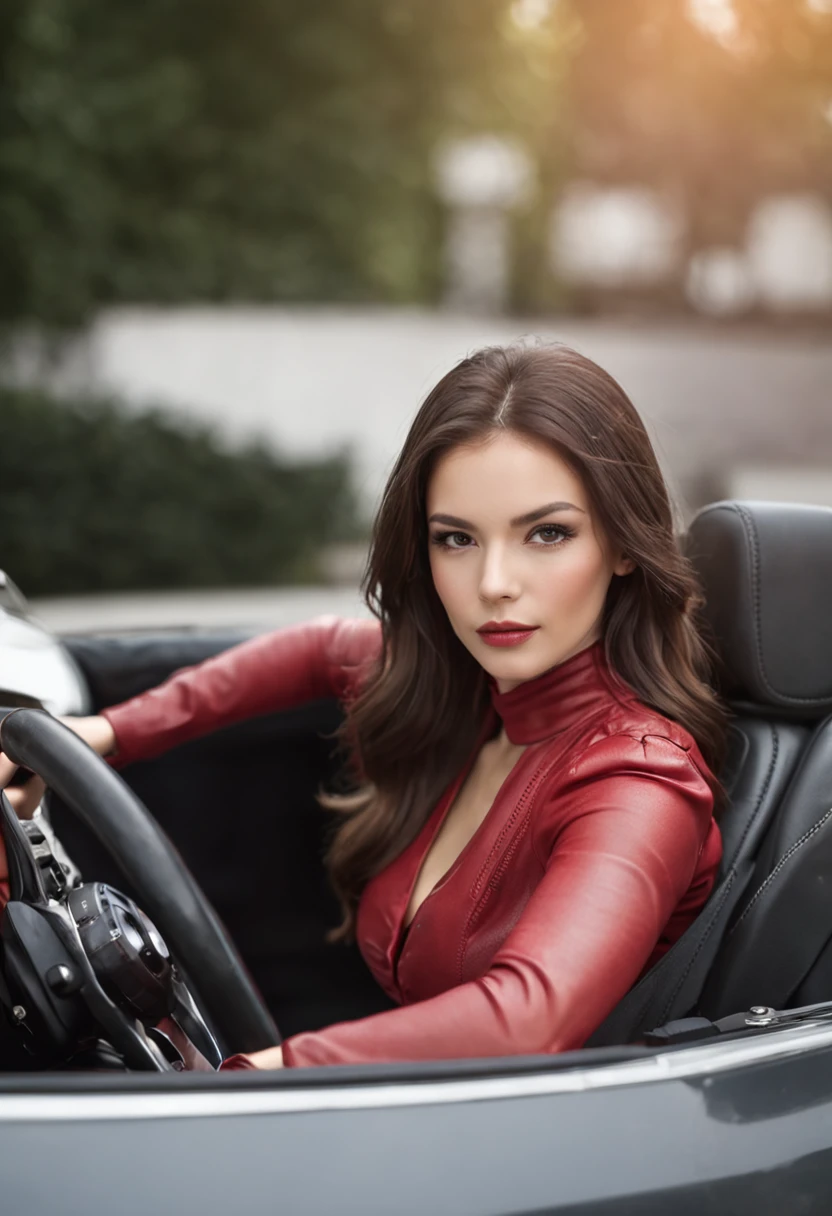 A beautiful woman drives a sports car