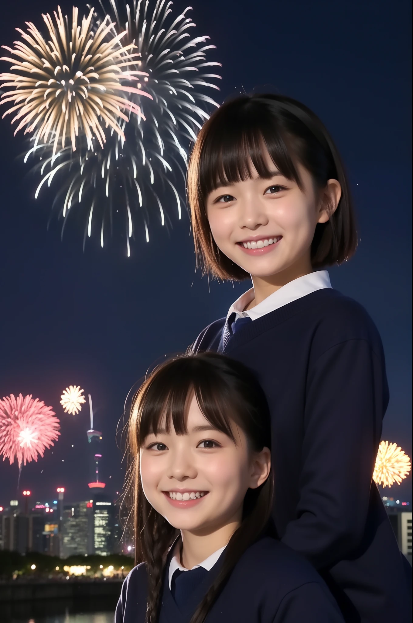 A smile、hi-school girl、校服、While doing fireworks、mare、Tokyo Skytree