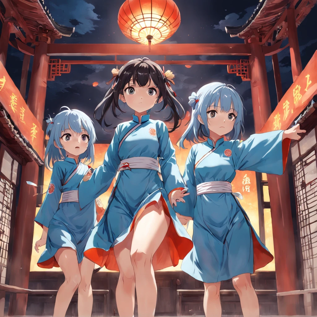 Generate a set of different actions for the same character(Four grids),A beautiful girl,Wearing a light blue cheongsam of the Republic of China(Student Clothing),she is sitting,She's standing,She jumped up,She raised her hands。