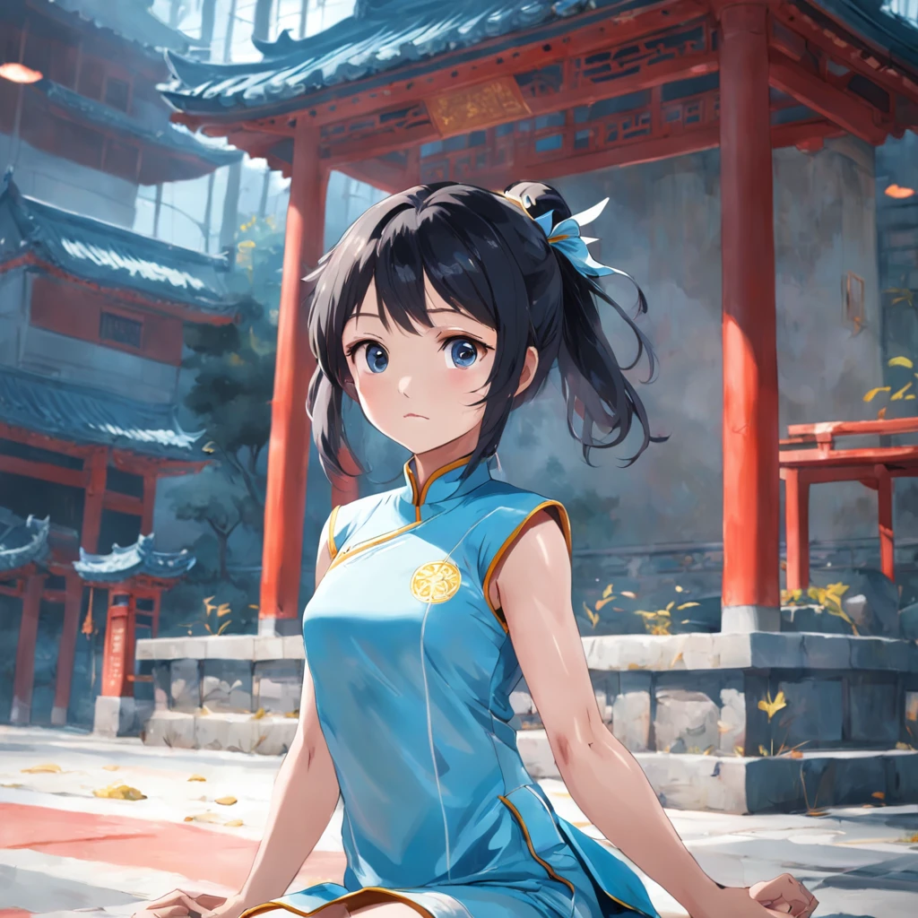 Generate a set of different actions for the same character(Four grids),A beautiful girl,Wearing a light blue cheongsam of the Republic of China(Student Clothing),she is sitting,She's standing,She jumped up,She raised her hands。