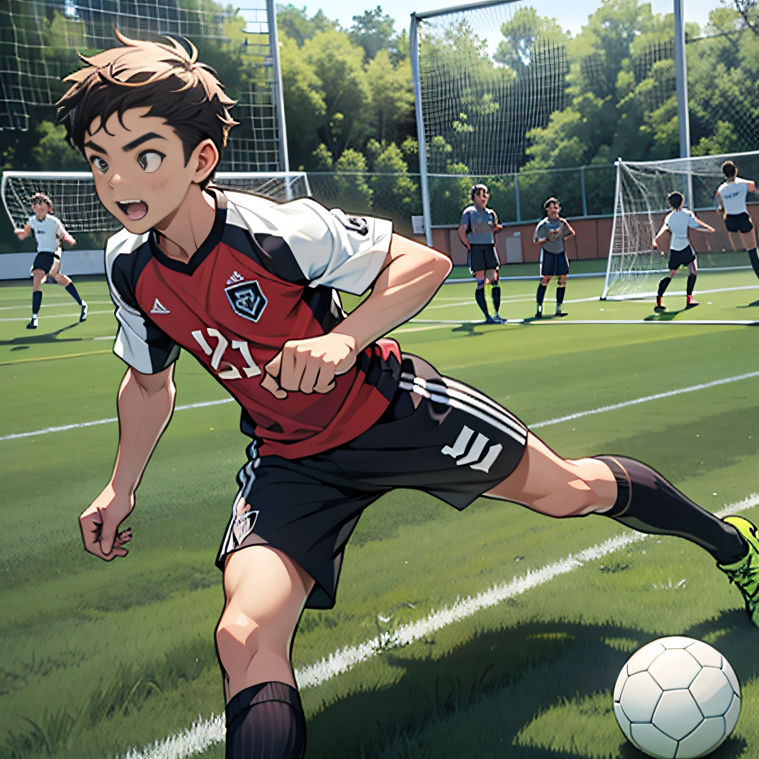 A boy playing soccer,soccer court,youthfulness,vibrancy