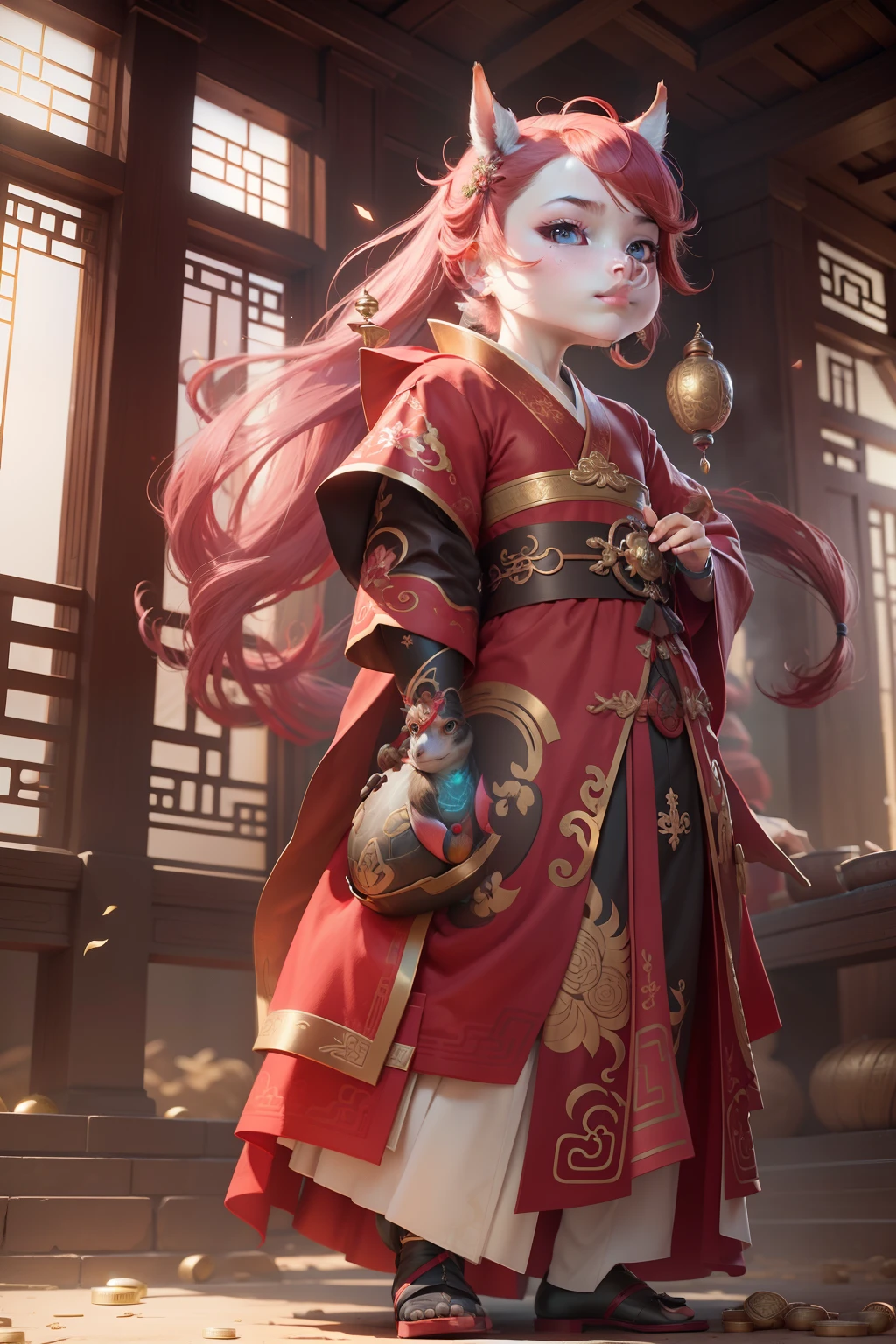 anthropomorphic turtle,Little cute cute pony,Wearing elegant red Hanfu,Take gold ingots,The ground is covered with gold coins,silkouette,fluffy mane,largeeyes,Red Wall,Chinese culture,zbrush,Dramatic lighting,full-body portraits,hentail realism,finedetail,photographrealistic,Film illumination,complexdetails,rendering by octane,unreal-engine,8K --ar 9:16 --testp --upbeta