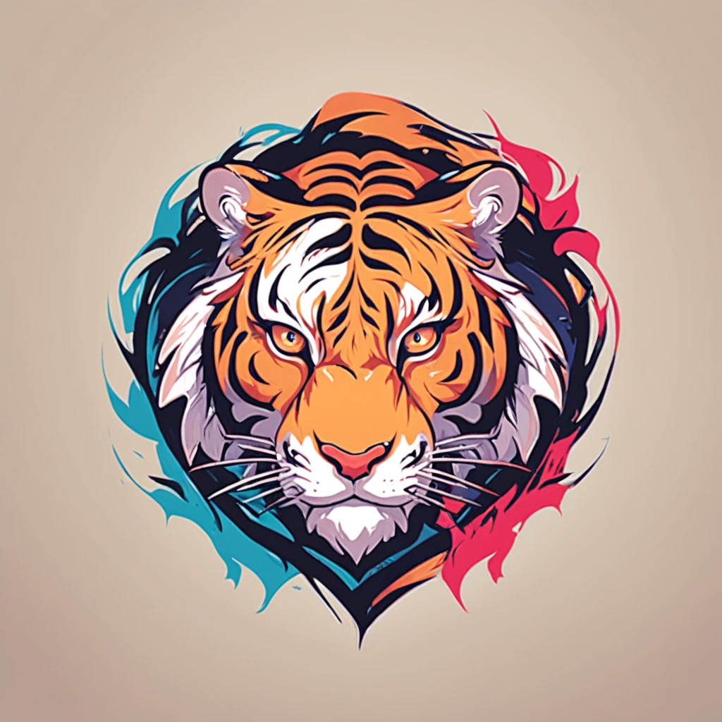 ::style vetor, logotipo vetorizado de um tigre, logo em (((formato arredondado))), contornos e fundos brancos, chamas em volta do logo, vivid colors ::n_style fundo da imagem, deformations in the logo, cartoon, anime