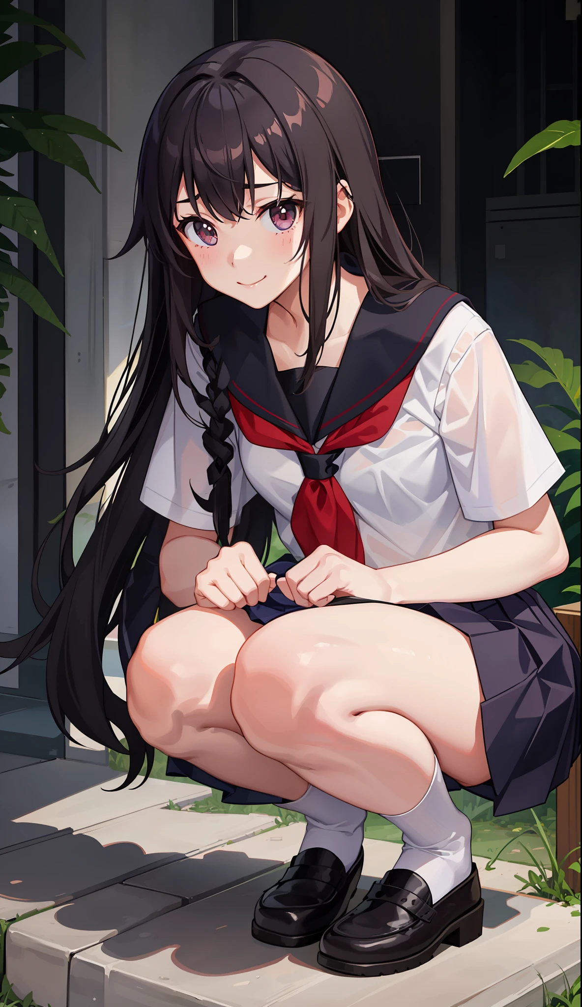 1girl in、A smile、The shirt、skirt by the、(small tits)Chilarism、Japan High School Student Uniform、serafuku、summer clothing、Squall Drenched Uniform、(Sheer Bra)、Upper body portrait、Squatting panchira、