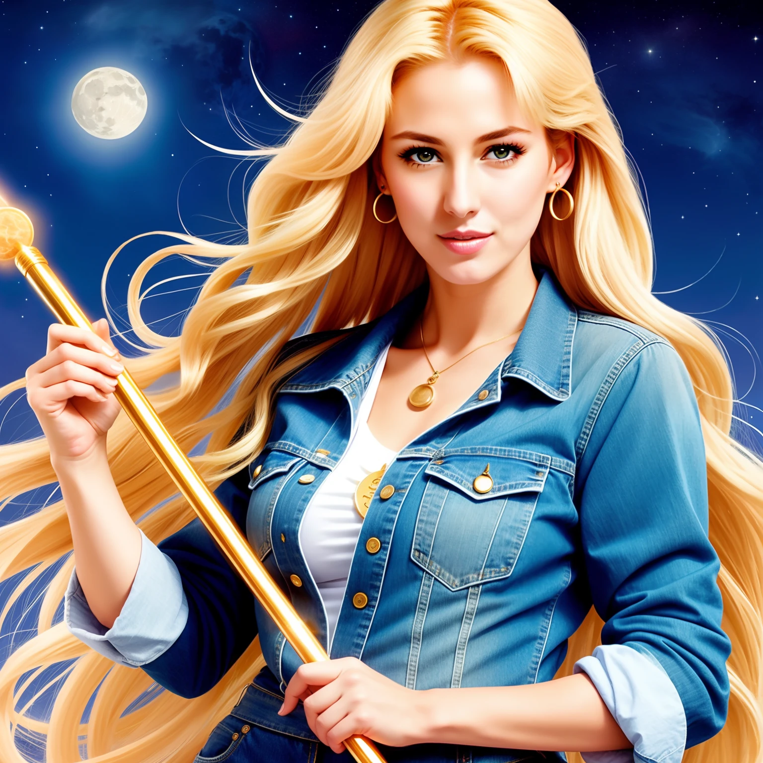 "(Mature and realistic depiction:1.2) Sailor Moon confidently wielding the Moon wand, her flowing blonde hair, dressed in trendy denim 2000s fashion."