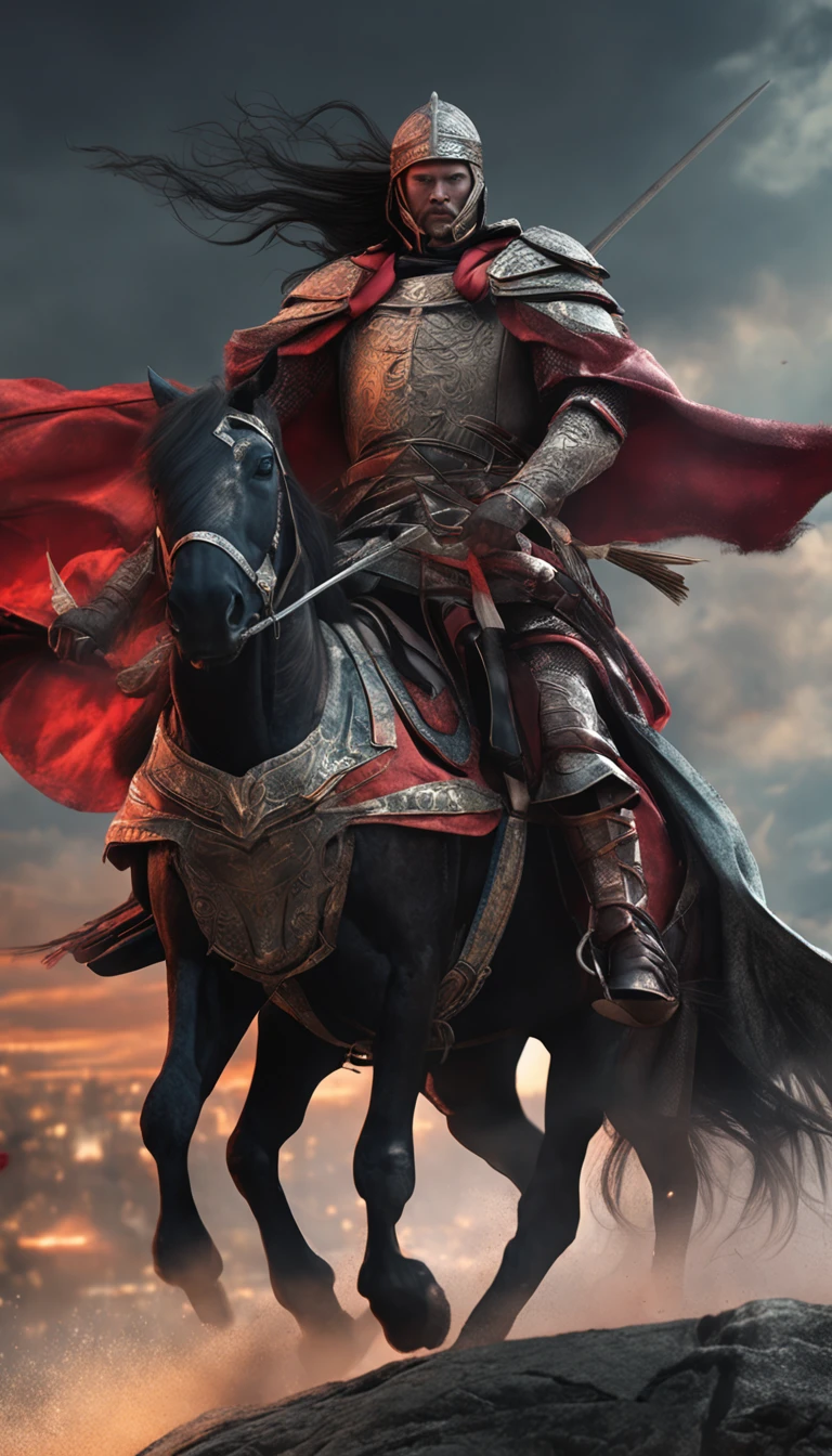 in a panoramic view,magic realism, anime big breast,Masterpiece, hyper HD, Super detail, High details, Best quality, A high resolution, A high resolution, Award-Awarded, Award-Awarded, Anatomically correct, 8K,),(Portrait of a noble knight:1.5,Dignified),(A man on horseback:1.5,Sword in hand, poster art inspired by Kanō Hōgai, trending on pixabay, Renaissance, Solomon Kane, As Solomon Kane, the third horseman, samurai movie poster, Wuxia, horse warrior, Tim BradStreet, vampire hunter d, Horseman of Apocalypse, genghis khan, arabian samurai)