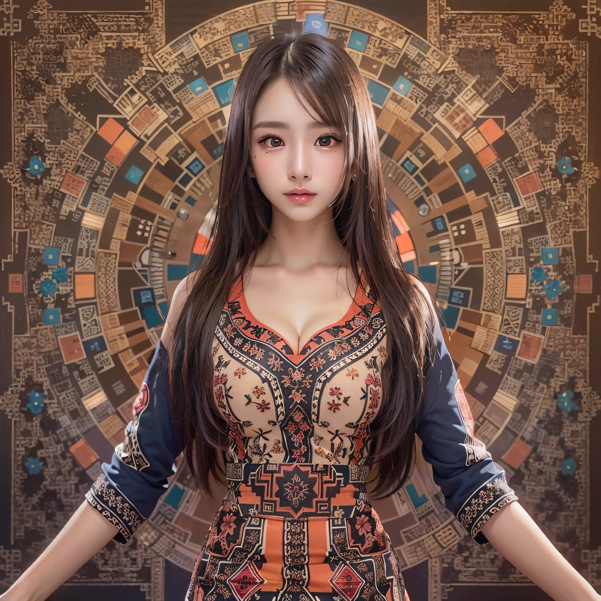 (Background, symmetrical, Compositions with coloful geometric arabesque patterns):1.3, (fullbody:1.3), (poneyTail, dark brown hair), (top-quality, Photorealsitic:1.4, masterpiece:1.3, RAW Photography:1.2, cinematric light, very detailed illustration), (1woman:1.3, solo), (asian girl, ultra delicate face, ultra Beautiful fece, ultra delicate eyes, ultra detailed nouse, ultra detailed mouth, ultra detailed facial features), petite woman, (V-neckTThe shirt:1.3, a miniskirt), (medium breast:1.3), from the front side, skiny, lipgloss, Show cleavage