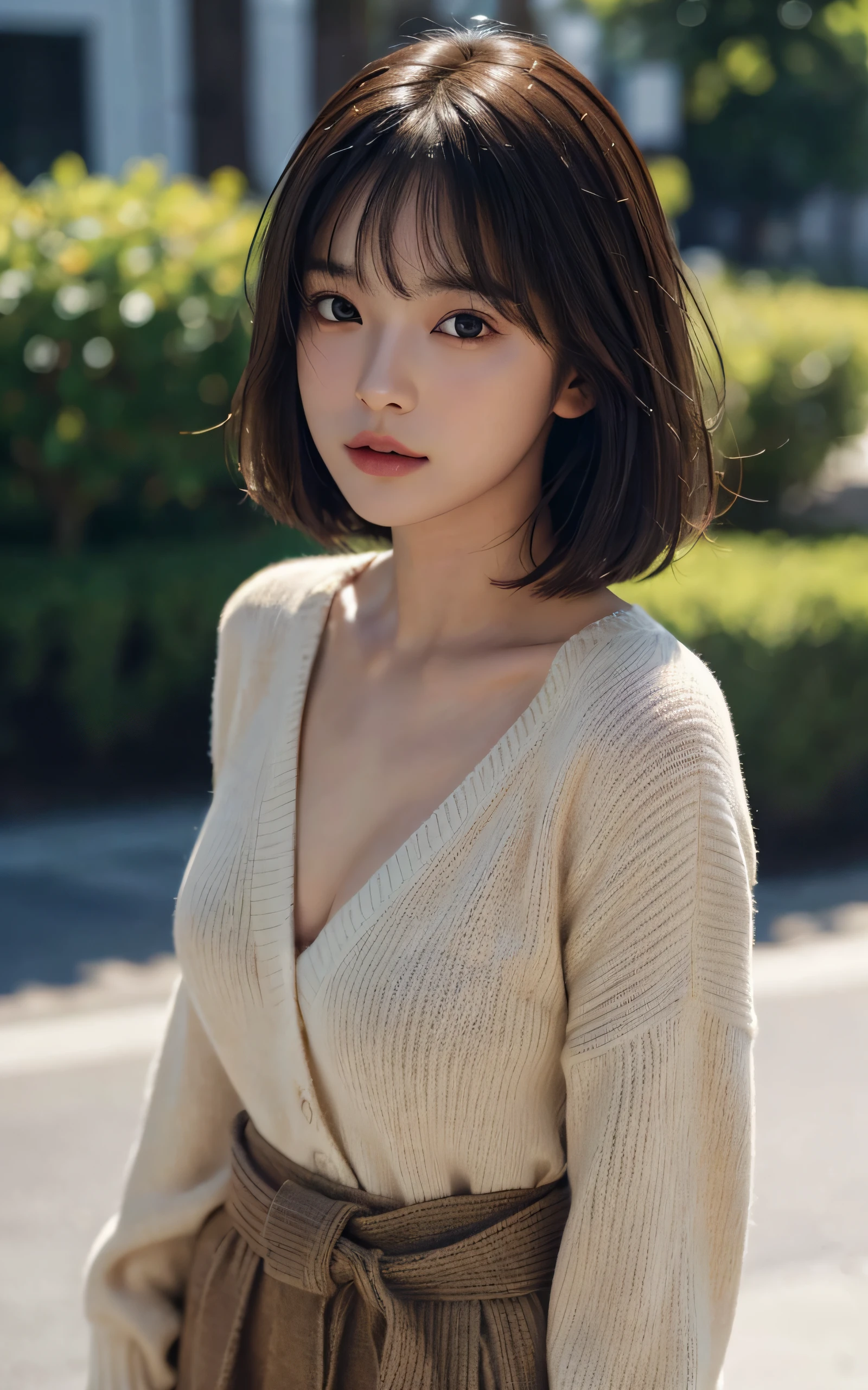Masterpiece, best picture quality, high quality, beautiful Japanese girl, cute, gravure idol figure, detailed, detailed eyes, detailed skin, beautiful skin, ultra high resolution, (reality: 1.4),very beautiful, slightly younger face, beautiful skin, slender, (ultra realistic), (highresolution), (8K), (very detailed) (beautifully detailed eyes), (super detailed), (wallpaper), (detailed face), looking at viewer, fine details, detailed face, sad, sweater, skirt, looking straight ahead, looking straight ahead, angle from waist up, realistic photo, bright lighting, professional lighting, mature woman, (Brown hair, bob hair, layer cut, swaying in the wind, Bangs),