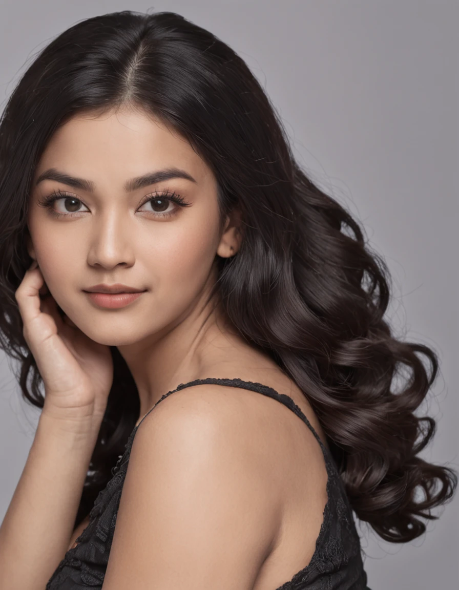 panoramic long shot of a beautiful chubby south asian girl, looking at the viewer in a playful gaze, dynamic pose, old classic , wavy black hair, 50s pin up style, intricate, detailed, DSLR camera , 8K UHD, deep blacks, post processing, nubian nose, protruding teeth, prominent tight breast