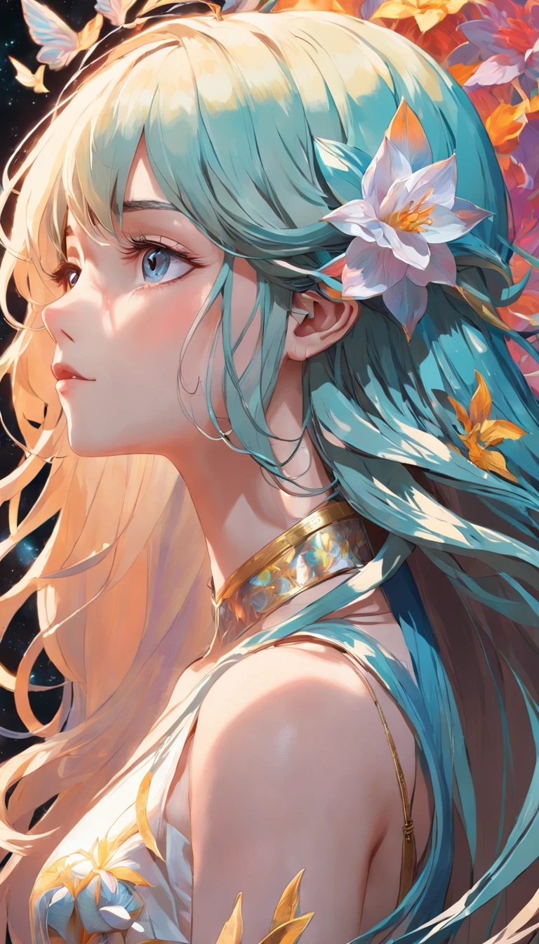 (beauty side face,long colored hair,closing eye,Masterpiece Narcissus),Iridescent background, (Illustration:1.2,paper art:1.2, Zentangle, 3d rendered),(Best Quality, high detal, masutepiece, Cinematic lighting, 4K, Chiaroscuro)