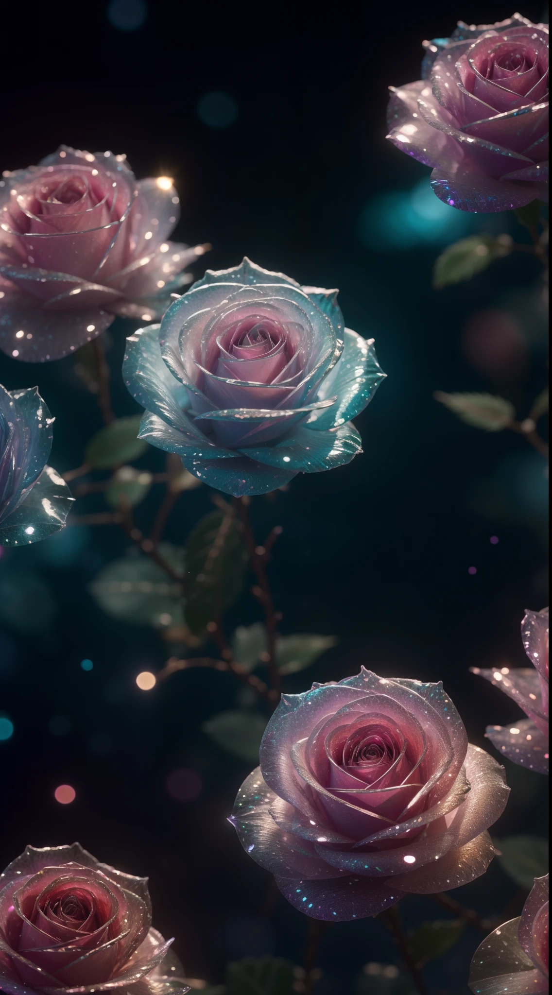 Crystal fantasy, Roses, Full-color, toe-up, countless crystal feathers flutter in the air,
fantasy, galaxy, transparent, shallow depth of field, jade bokeh, sparkling, sparkling, stunning, colourful,
Magical Photography, Dramatic Lighting, photo realism, Ultra Detail, 4K, DOF, High Resolution