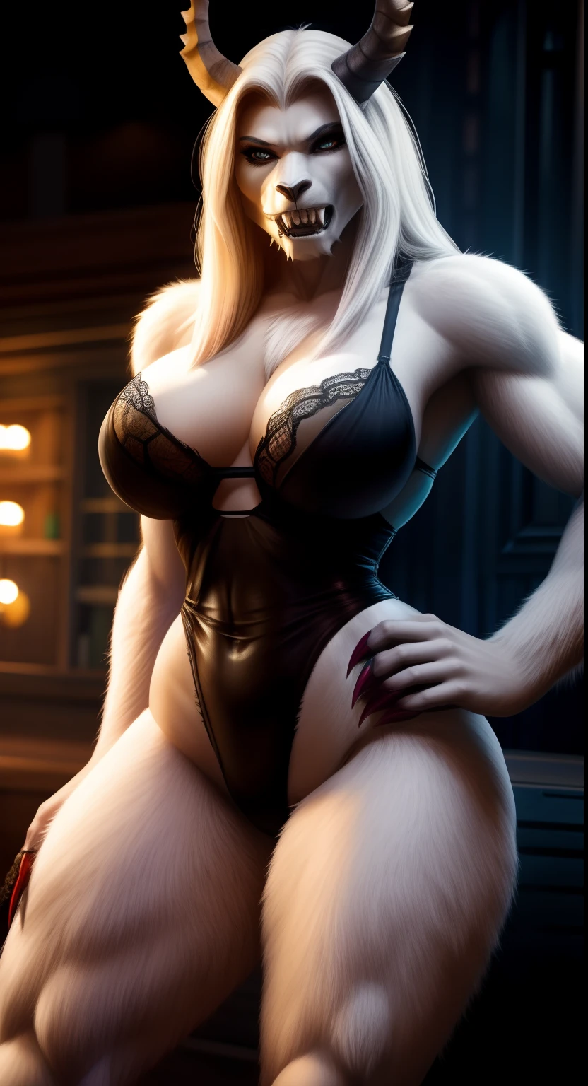 anthropomorphic, woman, monster woman hybrid, yeti, sexy black lace high cut leotard, busty, muscular body, thicc, fierce, sharp teeth, saber fangs, hourglass body, hair, sexy, beautiful, savage, long claws, Photograph, white wooly fur, sexy hips, sexy legs, fit body, hard abs,