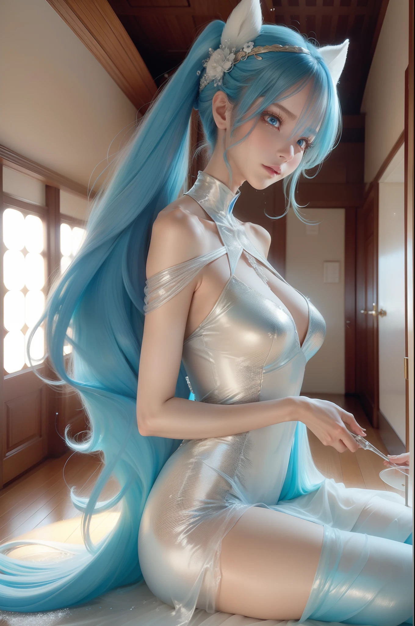 blue hair, light blue hair, ahoge, asymmetrical hair, long hair, crystal hair, expressive hair, hair over one eye, shiny hair, hair slicked back, low ponytail, heart ahoge, mismatched pupils, mole under eye, gradient eyes, glaring, jitome, expressionless, fang out, Surrealism, anime style, Cubism, chiaroscuro, motion blur, sparkle, god rays, ray tracing, backlighting, drop shadow, panorama, super detail, textured skin, 4K, highres，Transparent silk porcelain dress，Ice attribute: half-human, half-dragon female，Perfect for long legs and jade feet，Knee-length ice-blue hair，The human body has huge ice-blue wings attached to ice crystals and a tail nearly two meters long，It has an ice attribute aura all around his body
