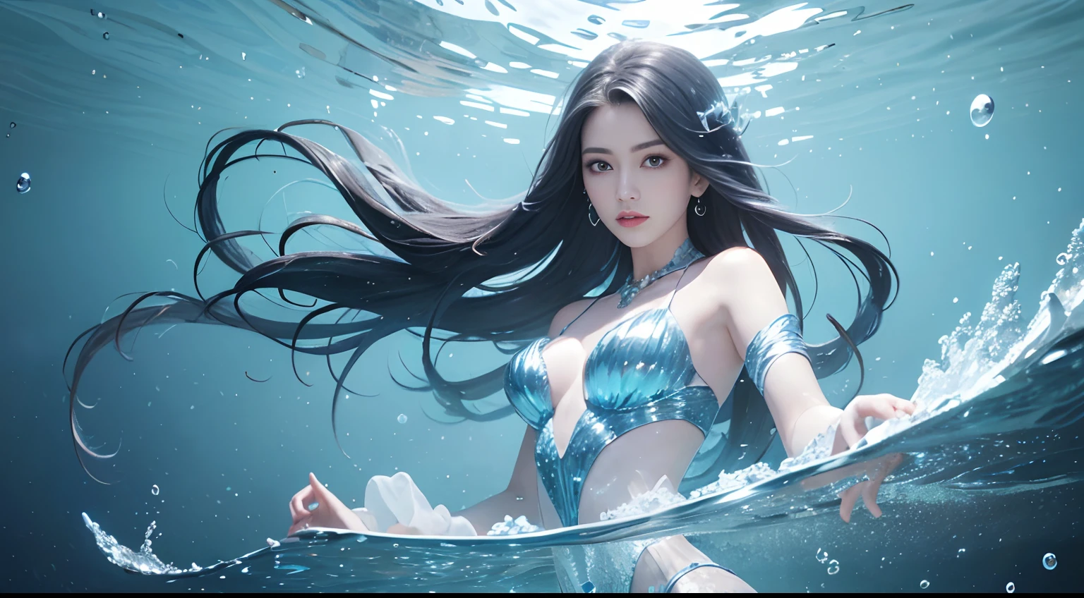 tmasterpiece,top-quality,optimum,offcial art,Beautiful and aesthetic,Long exposure:1.2),Smooth movement,Charming Patterns, 1 rapariga,underwater shot,Black lob hair, sportrait,独奏,The upper part of the body,Do not look at the observer,detailedbackground,Detailed face,(crystallineAI, crystalline theme:1.1),Elemental Water Elves,Swirl water,Control the water,Fantasy magician's clothes,dynamicposes,Floating bubbles,Ethereal power,Eau,vaporous,the ocean in the background,blue tint,shores,Ethereal atmosphere,