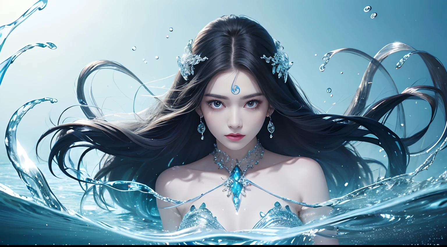 tmasterpiece,top-quality,optimum,offcial art,Beautiful and aesthetic,Long exposure:1.2),Smooth movement,Charming Patterns, 1 rapariga,Adult Russian woman,hitornfreckles,Jade Eyes,Black lob hair, sportrait,独奏,The upper part of the body,gaze at the observer,detailedbackground,Detailed face,(crystallineAI, Crystalline Theme:1.1),Elemental Water Elves,Swirl water,controlling water,Fantasy Magician's Clothing,dynamicposes,particles floating,Ethereal Power,Eau,steams,ocean in background,Blue tint,shores,Ethereal Atmosphere,Iridescent mist