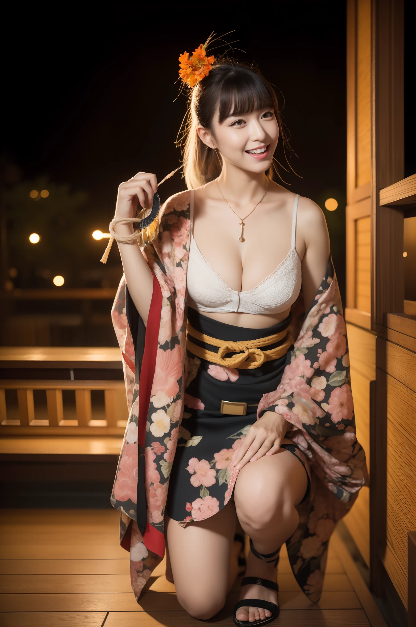 masterpiece, best quality, highres, 1girl, blonde hair, medium hair, asymmetrical hair, floating hair, eyebrow hair, high ponytail, side hair, hair accessories, fish hair accessories, tassels, kanzashi, bangs, orange eyes, open mouth, smile , teeth, upper teeth only, necklace, red necklace, pendant necklace, butterfly necklace, clavicle, tattoo, chest tattoo, flower tattoo, cleavage, medium breast, thigh, bandage, bandage leg, sarashi, budget sarashi, chest sarashi, black belt , hadanugi dousa, houkisei, Japanese dress, kimono, kinchaku, obi, obiage, obijime, orange kimono, pouch, printed kimono, rope, obi, shimenawa, short kimono, single bare shoulder, visual (genshin impact), East Asian architecture, Cherry blossoms, full body, squatting, fireworks, night, fireworks, holding fireworks, legs together, feet, single gloves, single mitts, wristbands, black socks,