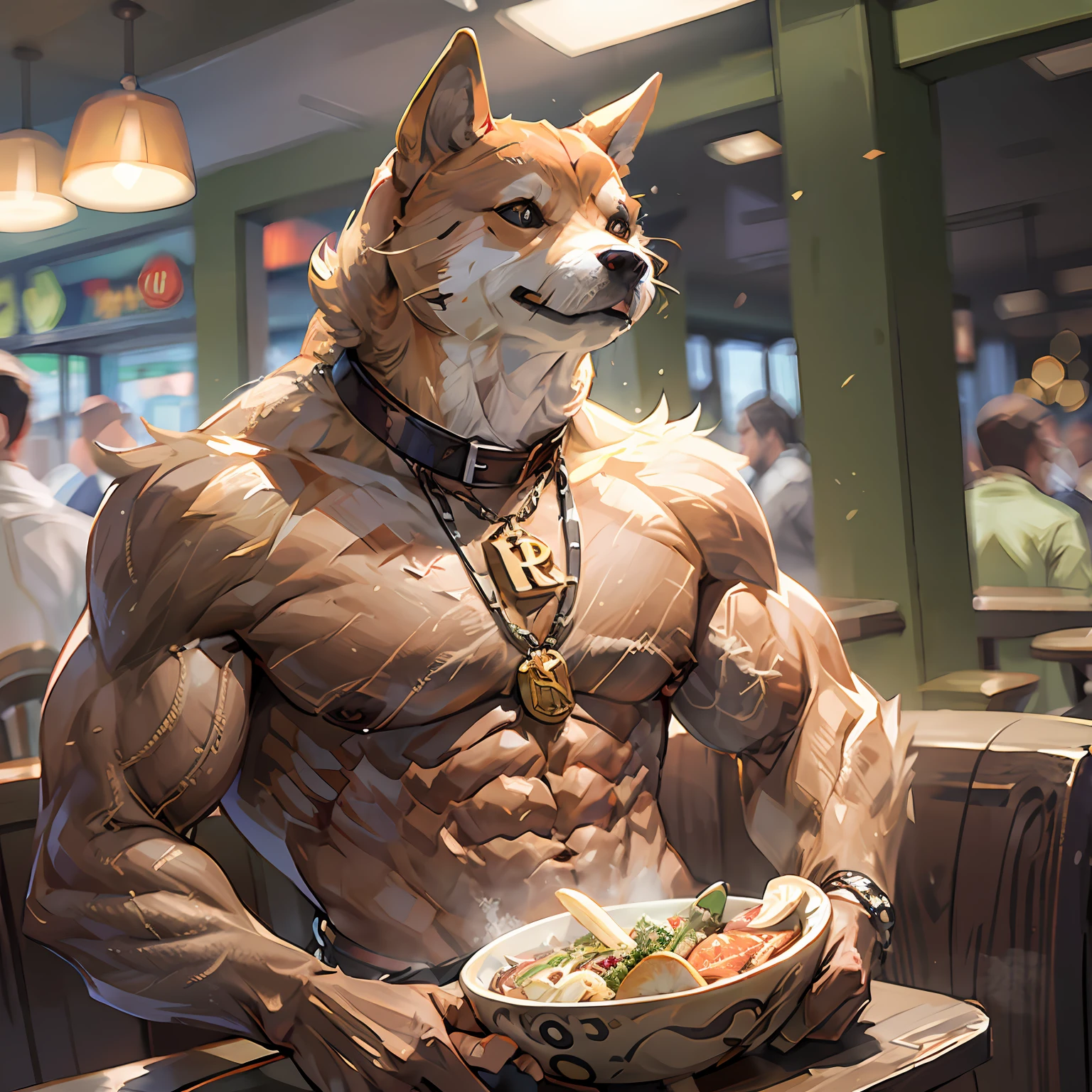 a professional photo of [(((buff Swoledoge))):buff Swoledoge:8], grinning, dog body, eating a large bitcoin in a restaurant, cinematic dramatic light, smooth transition, bokeh