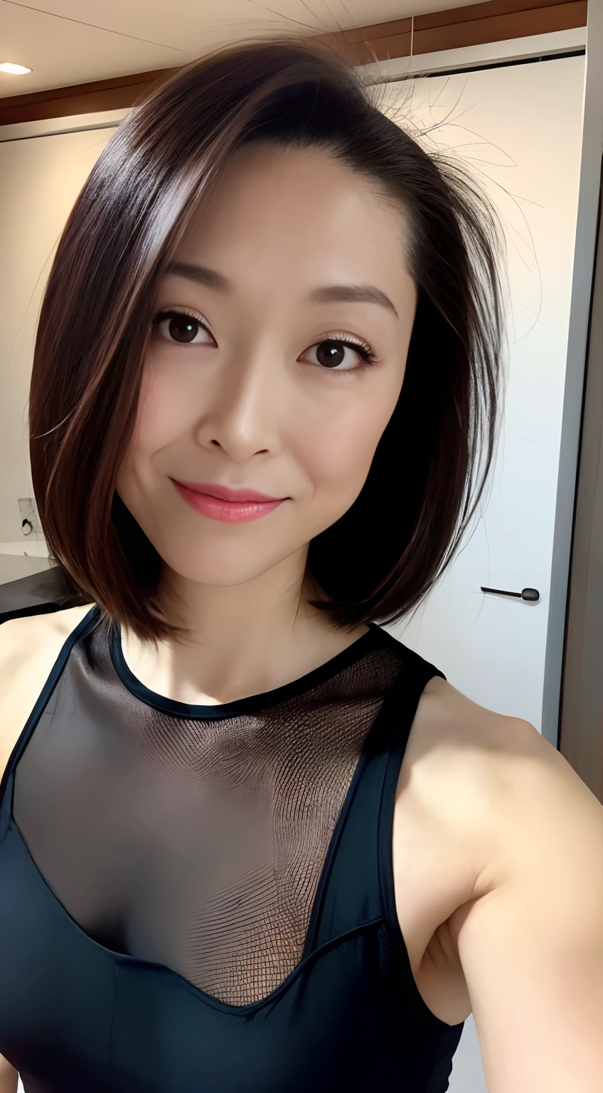 (8k, RAW Photo, Best Quality, Masterpiece:1.2), Ultra Detail, Super Resolution, (Realistic, Realistic Photo:1.37), Portrait, High Detail RAW Color Photo, Professional Photo, Extremely Detailed and Beautiful, Extremely detailed, 8k wallpaper, amazing and detailed, huge file size, official art, highly detailed CG unity 8k wallpaper, highly detailed beautiful girl, highly detailed face, highly detailed eyes, highly detailed skin, highly detailed fingers, highly detailed nose, very detailed detailed mouth , perfect anatomy, highly detailed background, highly detailed clothes, 1girl, (20:1.2), 20s, cute girl, realistic body, petite, fair skin, glowing skin , slim body, handsome body, black hair , short hair, (blunt bangs:1.2), smile, cute, youthful, cute face, realistic face, delicate eyes, drooping eyes, lingerie, see-through, earrings, looking at viewer, cowboy shot, facing front, standing posture, Contraposto, dynamic lighting, very large breasts, cowboy shot