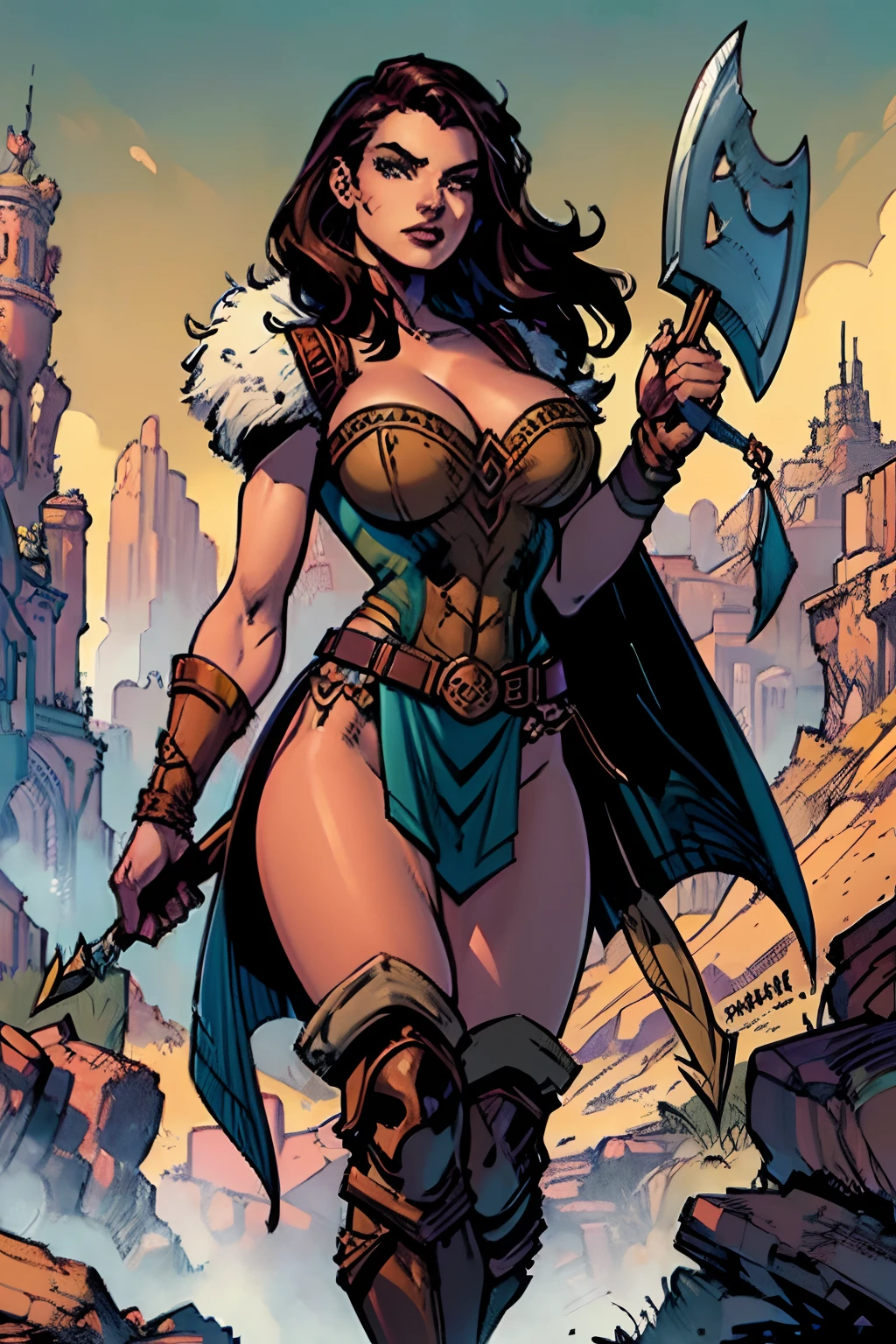 (masterpiece, top quality, best quality, official art, beautiful and aesthetic:1.2), (1girl:1.3), dark brown hair pulled back, in an untidy mane, extremely detailed, portrait, looking at viewer, solo, (full body:0.6), detailed background, close up, facepaint, (warm summer desert theme:1.1), busty human barbarian queen, elegant face, long face, charlatan, smirk, mysterious, walking in savannah, revealing tribal attire, brown leather, fur lined clothes, long boots, buckles, straps, pouches, axes, tan fabric, brown leather, ((gigantic breasts, skindentation, cleavage)), slim waist, slim hips, long legs, medieval (savannah exterior:1.1) background, dark mysterious lighting, shadows, magical atmosphere, dutch angle, (comics)