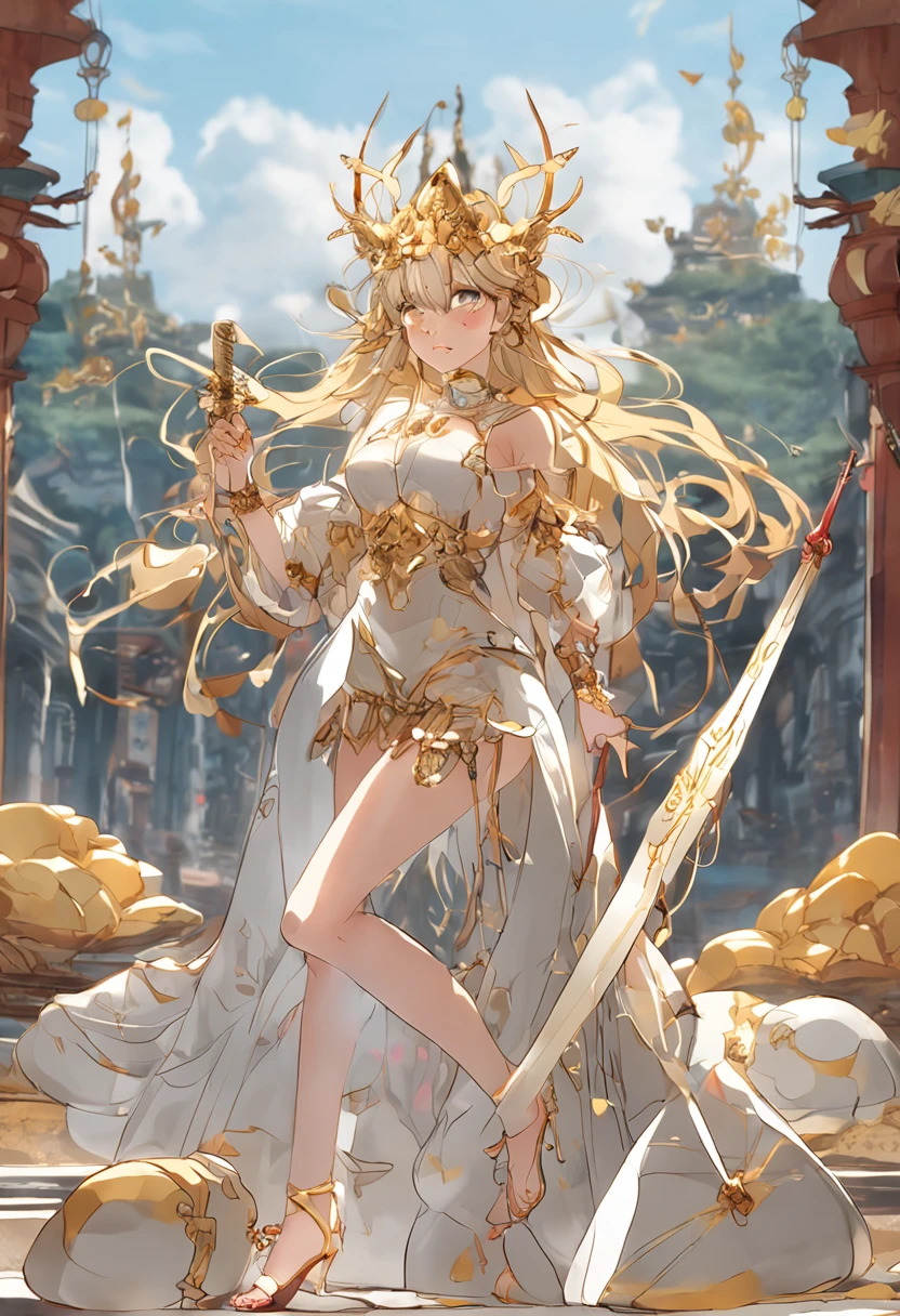(adorned in majestic attire:1.10),(Anklets:1.10),(Watching from behind:1.10),(Kneeling pose:1.10),(soles of feet:1.10),grown woman, composition from thighs to face、Medium shot、Waist Shot、From to 15oldingsword、 blonde girl、Double eyelids、eBlue eyes、Perfect female body、Brief Background、It's standing、look over here、A slight smil、Shunguang、long whitr hair、gold crown、Wearing jewelry、golden hair accessory、Gold necklace、big necklace、Gold-toned shoulder rest、Golden bangles、Gold thigh rest、Goldberries rest、