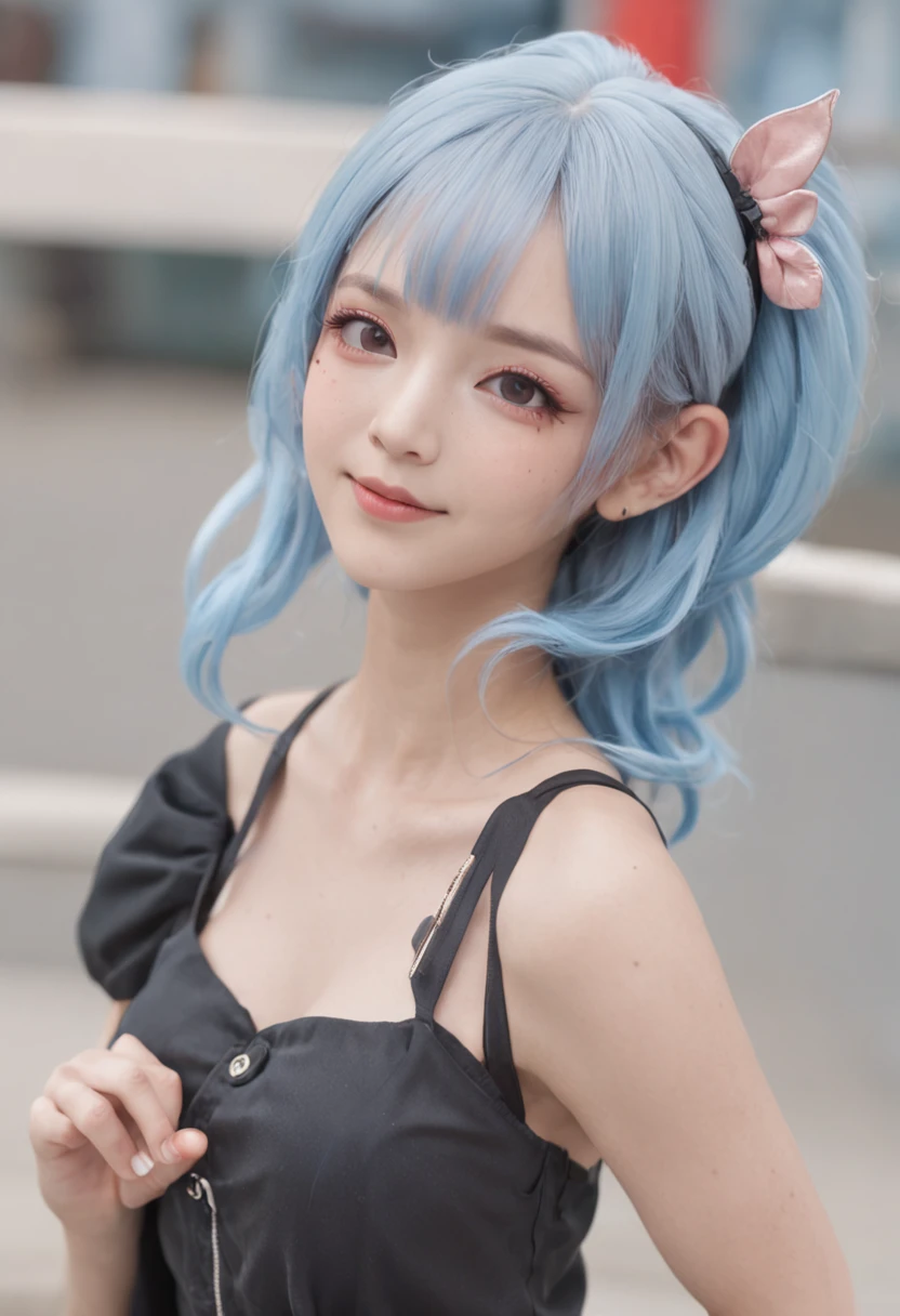 black hair, hair bobbles, wince, longeyelashes, solid circle eyes, fake animal ears, light smile, ear blush, fang, Skirt that wraps hips, flat chest, Expose your little belly, blue hair, light blue hair, drill hair, twintails, halo, jewelry, hairclip, hairpin, heart-shaped eyewear, white hairband, heart-shaped pupils, dilated pupils, gradient eyes, heterochromia, fingersmile, full blush, heart in eye, light blush, Surrealism, drop shadow, anaglyph, stereogram, tachi-e, pov, atmospheric perspective, anime style, cinematic lighting, from outside, from outside, atmospheric perspective, 8k, super detail, ccurate, best quality, UHD, anatomically correct, textured skin, ccurate, masterpiece, high details, high quality, highres, best quality