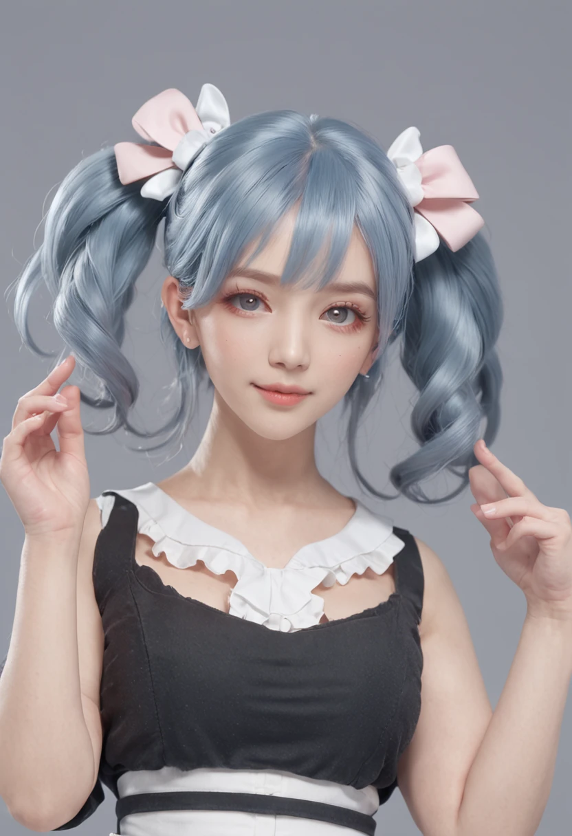 black hair, hair bobbles, wince, longeyelashes, solid circle eyes, fake animal ears, light smile, ear blush, fang, Skirt that wraps hips, flat chest, Expose your little belly, blue hair, light blue hair, drill hair, twintails, halo, jewelry, hairclip, hairpin, heart-shaped eyewear, white hairband, heart-shaped pupils, dilated pupils, gradient eyes, heterochromia, fingersmile, full blush, heart in eye, light blush, Surrealism, drop shadow, anaglyph, stereogram, tachi-e, pov, atmospheric perspective, anime style, cinematic lighting, from outside, from outside, atmospheric perspective, 8k, super detail, ccurate, best quality, UHD, anatomically correct, textured skin, ccurate, masterpiece, high details, high quality, highres, best quality
