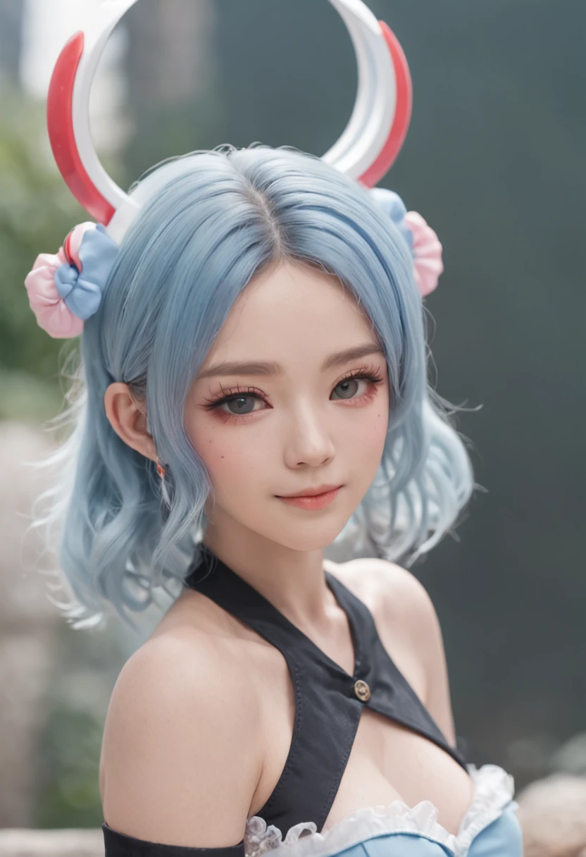 black hair, hair bobbles, wince, longeyelashes, solid circle eyes, fake animal ears, light smile, ear blush, fang, Skirt that wraps hips, flat chest, Expose your little belly, blue hair, light blue hair, drill hair, twintails, halo, jewelry, hairclip, hairpin, heart-shaped eyewear, white hairband, heart-shaped pupils, dilated pupils, gradient eyes, heterochromia, fingersmile, full blush, heart in eye, light blush, Surrealism, drop shadow, anaglyph, stereogram, tachi-e, pov, atmospheric perspective, anime style, cinematic lighting, from outside, from outside, atmospheric perspective, 8k, super detail, ccurate, best quality, UHD, anatomically correct, textured skin, ccurate, masterpiece, high details, high quality, highres, best quality