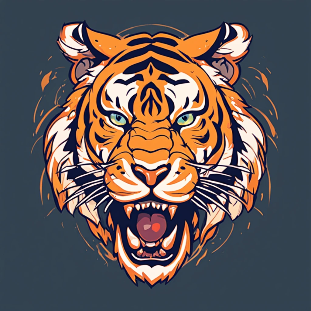 ::style vetor, logotipo vetorizado de um tigre, logo em (((formato arredondado))), vivid colors, contornos e fundos brancos, chamas em volta do logo  ::n_style fundo da imagem, deformations in the logo, cartoon, anime