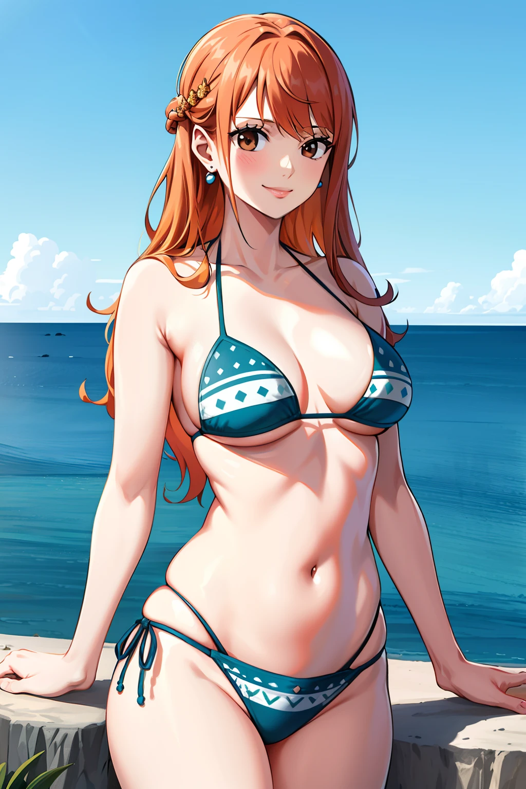 masterpiece, ((ultra detailed background, delicate pattern, intricate detail)), (highly detailed, fine details), best quality, beautiful lighting, ((medium breasts, slim girl)), NamiFinal, ((bikini, swimsuit)), simple shirt, 1girl, orange hair, solo, long hair, jewelry, brown eyes, smile, earrings, ((blue tattoo, left shoulder tattoo)), (complex detailed background, barren land, rocks, ocean, oustide, nature environment), (cowboy shot),