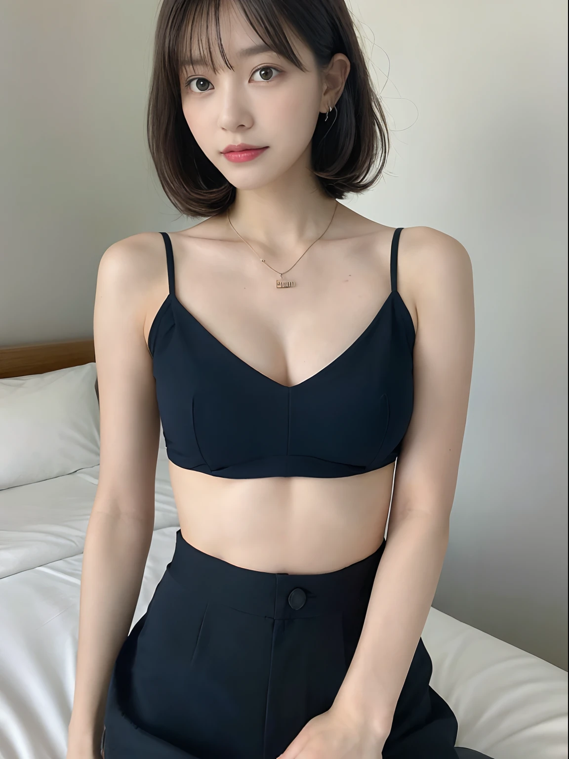 ((Top Quality, 8k, Masterpiece: 1.3)), 1 girl, Beautiful woman with slender abs: 1.3, (Highlight Haircut, Breast A-Cup: 1.2), Black See-through: 1.1, Ultra Detailed Face, Detailed Eyes, Double Eyelids, Full Body
