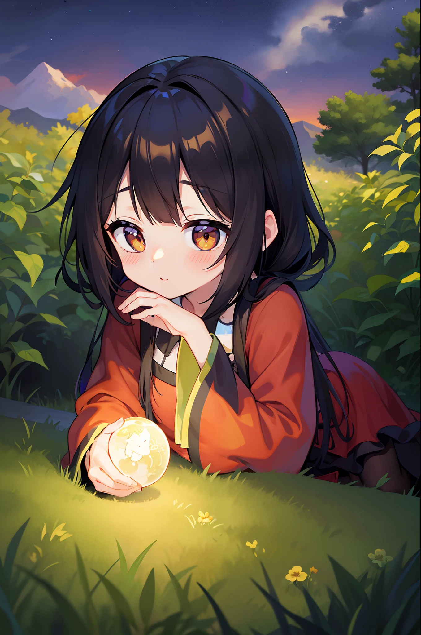 (obra-prima, melhor qualidade),1garota_megumin_konosuba com longos cabelos curtos sentada em um campo de plantas e flores verdes, the hand under his chin, olhos vermelhos, warm ilumination, de noite , vestido branco, primeiro plano desfocado