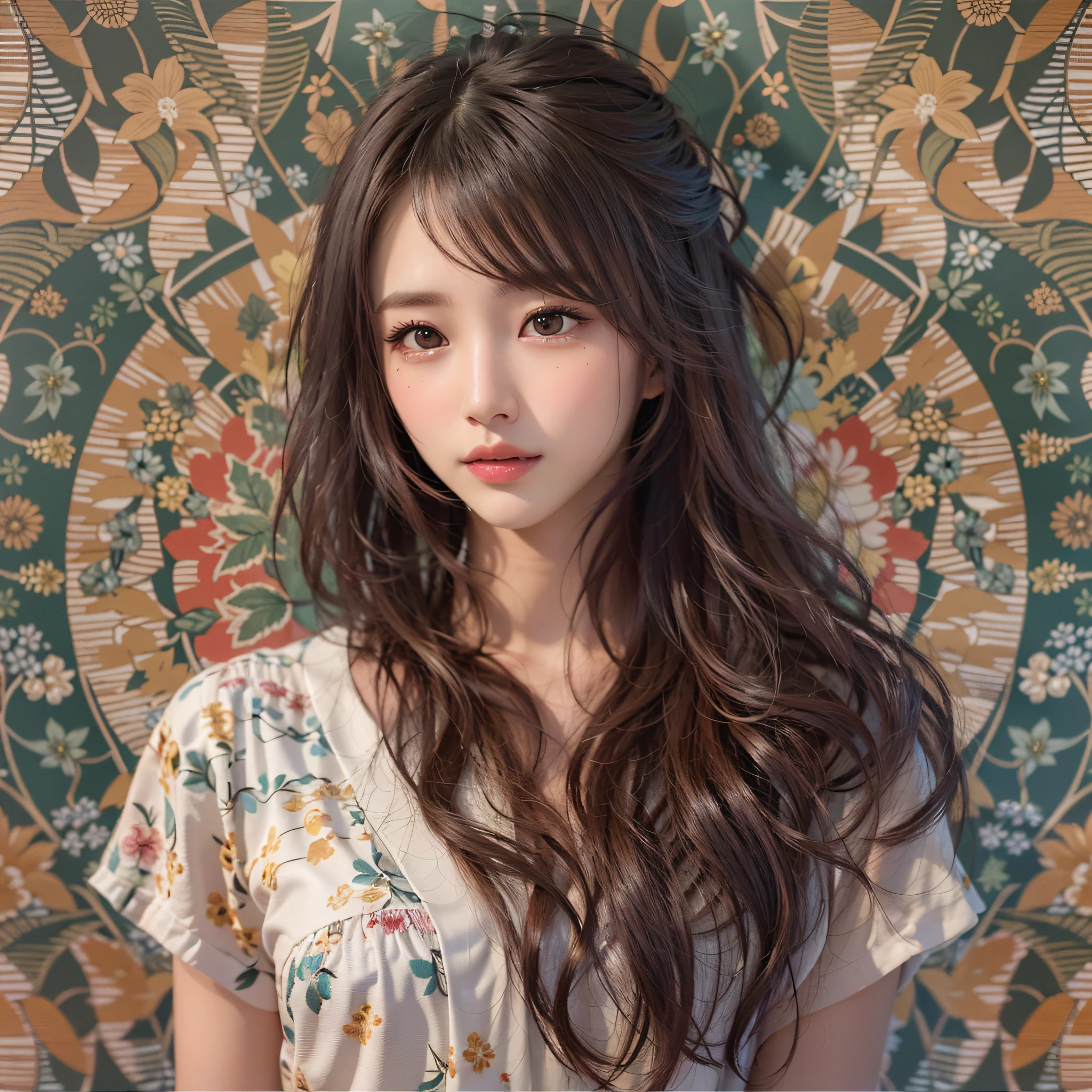 (Background, symmetrical, Compositions with coloful geometric arabesque patterns):1.3, (bon hair, dark brown hair), (top-quality, Photorealsitic:1.4, masterpiece:1.3, RAW Photography:1.2, cinematric light, very detailed illustration), (1woman:1.3, solo), (asian girl, ultra delicate face, ultra Beautiful fece, ultra delicate eyes, ultra detailed nouse, ultra detailed mouth, ultra detailed facial features), petite woman, (V-neckTThe shirt:1.3, a miniskirt), (medium breast:1.3), from the front side, skiny, lipgloss, Show cleavage