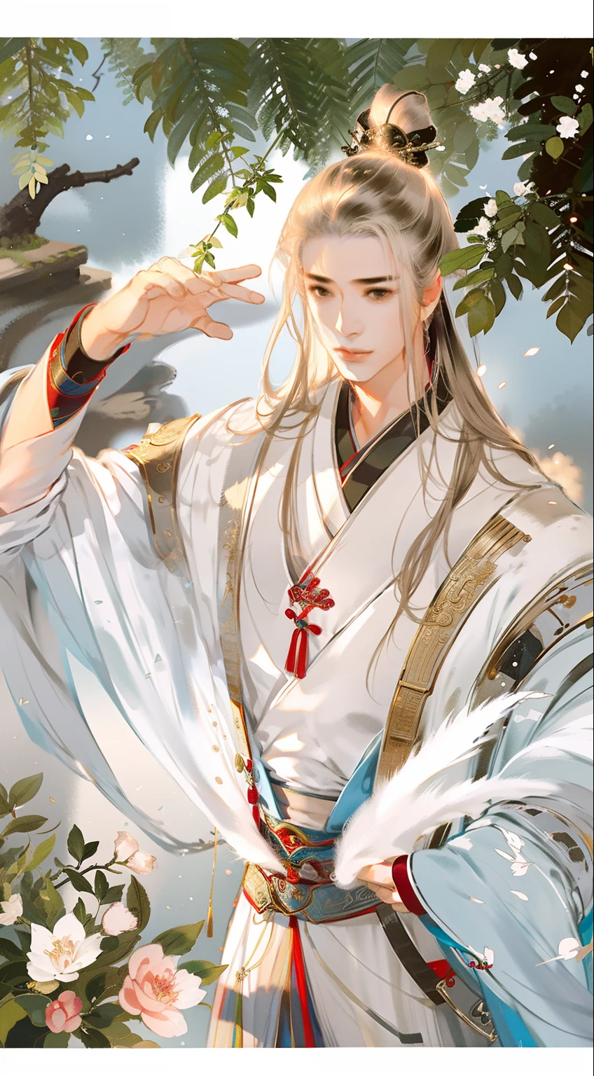 An ancient Chinese handsome boy and a beautiful girl, full body portrait, looking at each other, gentle eyes, clear facial features, wearing red Hanfu, kingly temperament, movie edge light, delicate light, masterpiece, super detailed, epic composition, super HD, high quality, highest quality, 32k