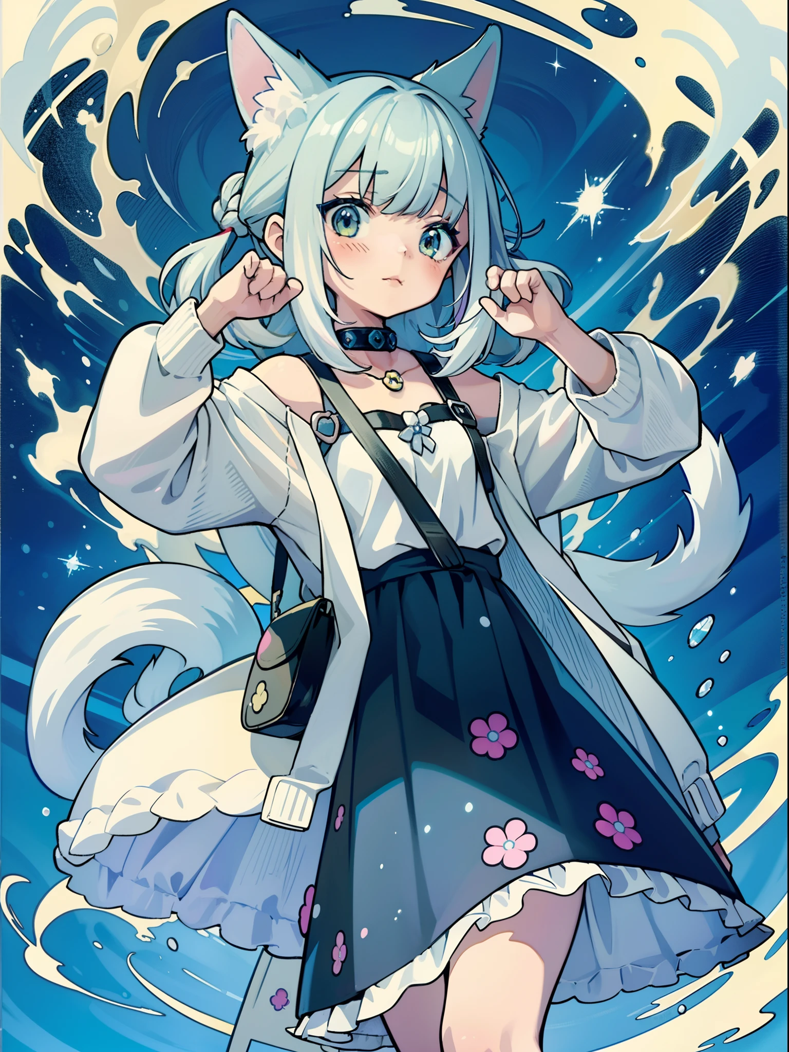 1girl in,A pokémon_The card,(top-quality), (high_quality), (Convoluted_Details), (ultra-detailliert), (illustratio), (Distinct_image),saito_naoki,((1 with cute cat.5)),White hair((Iridescent bite))、Yumekawa