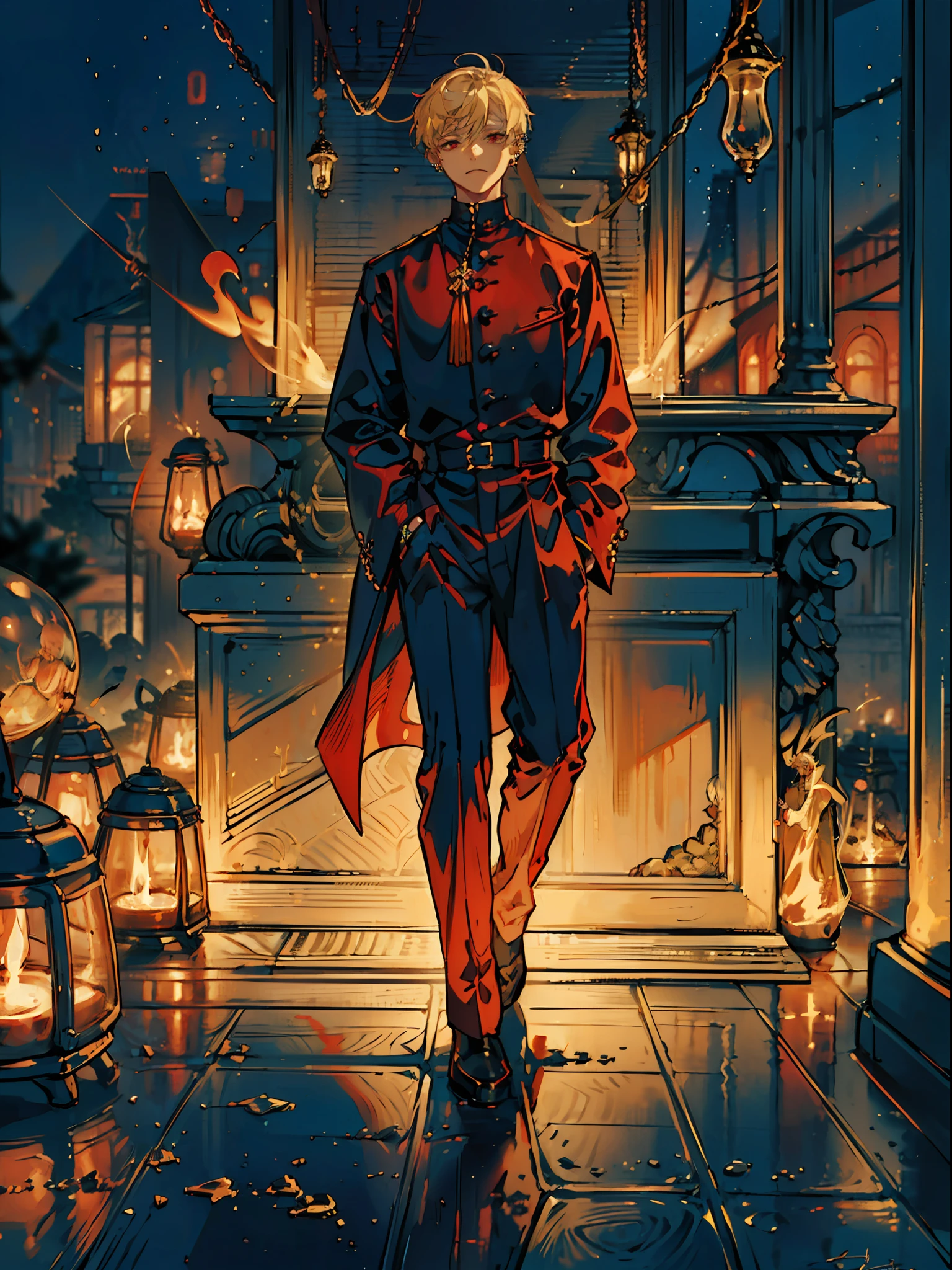 ((masutepiece: 1.4, Best Quality,Delicate)), Very short blonde hair、Red Eyes,(1Man Youth:1.3), Delicate hair, (Big black high neck clothes:1.3),piercings, Night background