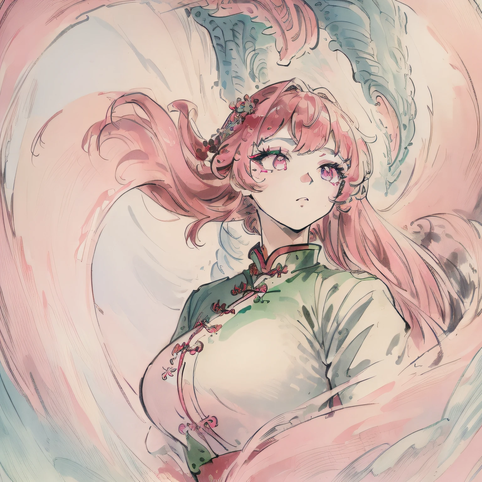 ((masterpiece)),((best quality)),(ultra-detailed),(illustration),((an extremely delicate and beautiful)),(dynamic angle),chinese dragon,china,1girl,(beautiful detailed eyes),cute pink eyes,green pupil,detailed face,upper body,messy floating hair,disheveled hair,focus,perfect hands